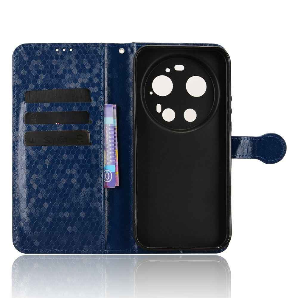 For Xiaomi 17 Ultra 5G Wallet Case Dot Pattern Imprint PU Leather Phone Cover with Wrist Strap - Dark Blue