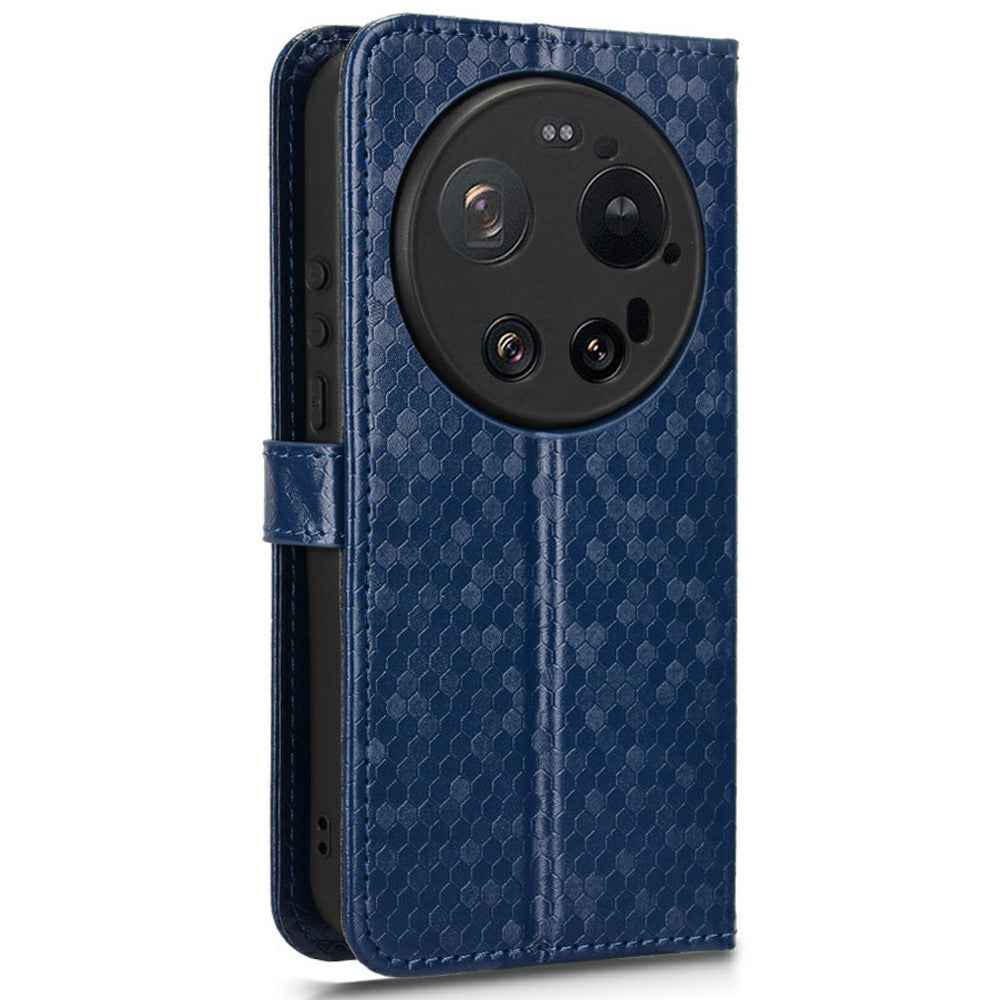 For Xiaomi 17 Ultra 5G Wallet Case Dot Pattern Imprint PU Leather Phone Cover with Wrist Strap - Dark Blue