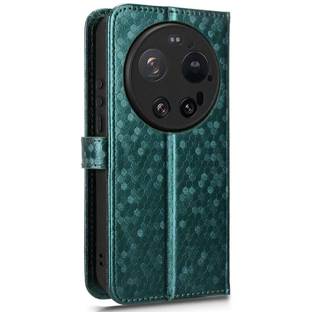 For Xiaomi 17 Ultra 5G Wallet Case Dot Pattern Imprint PU Leather Phone Cover with Wrist Strap - Green