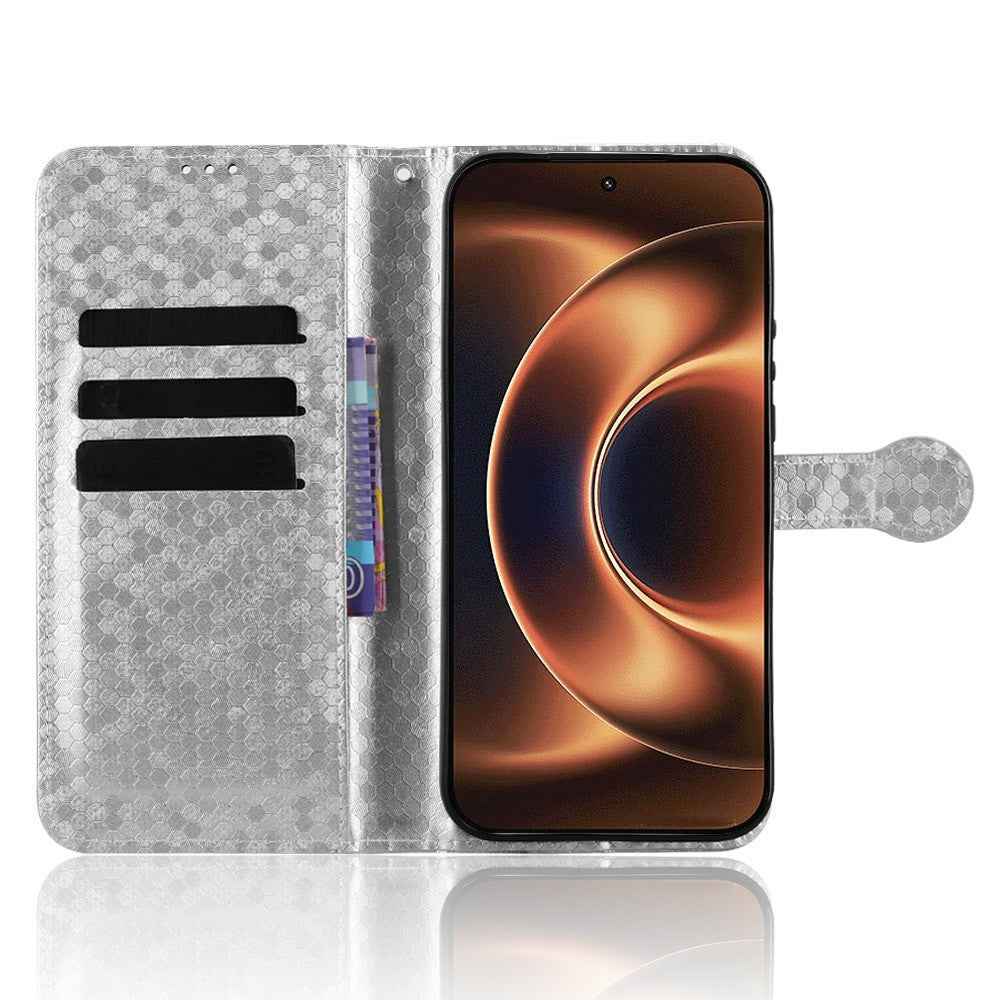 For Xiaomi 17 Ultra 5G Wallet Case Dot Pattern Imprint PU Leather Phone Cover with Wrist Strap - Silver