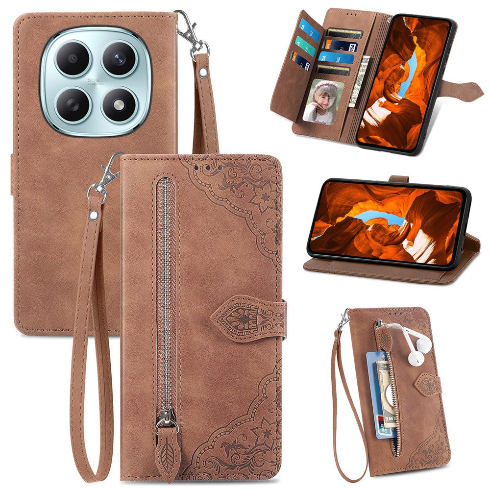 Phone Case For Xiaomi Poco M8 5G / Redmi Note 15 5G (Global) / 15 4G (Global) Zipper Wallet with Strap Flower Imprint PU Leather Phone Cover - Brown