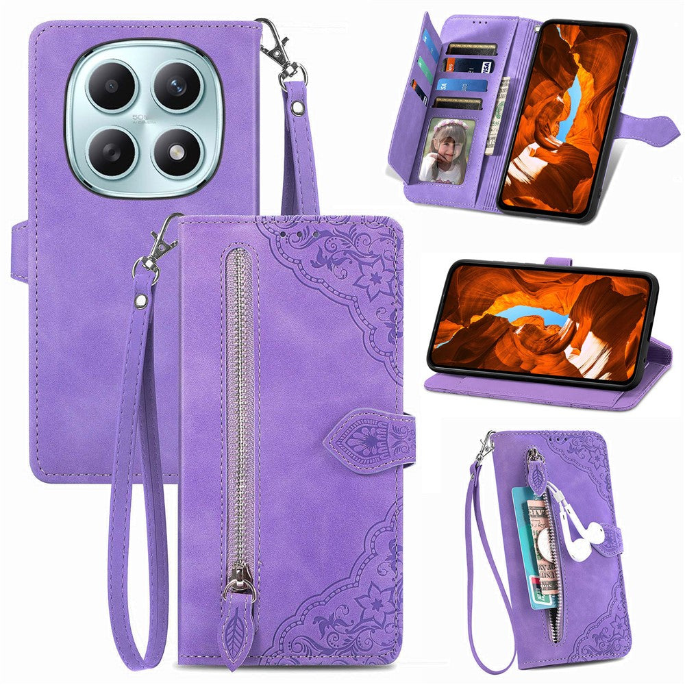 Phone Case For Xiaomi Poco M8 5G / Redmi Note 15 5G (Global) / 15 4G (Global) Zipper Wallet with Strap Flower Imprint PU Leather Phone Cover - Purple