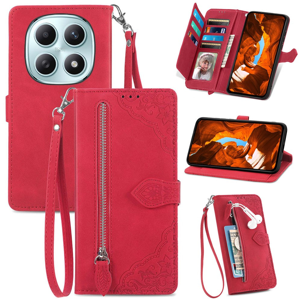 Phone Case For Xiaomi Poco M8 5G / Redmi Note 15 5G (Global) / 15 4G (Global) Zipper Wallet with Strap Flower Imprint PU Leather Phone Cover - Red