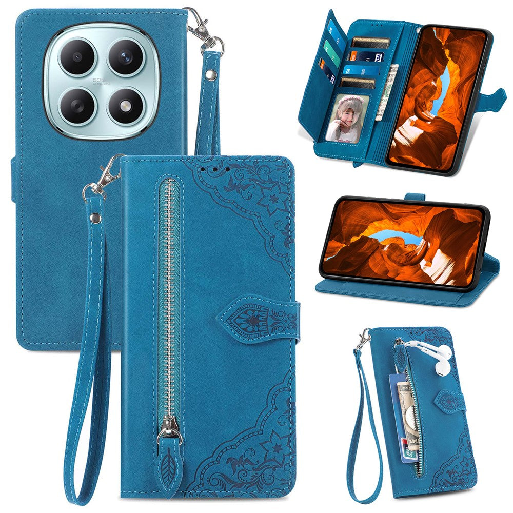 Phone Case For Xiaomi Poco M8 5G / Redmi Note 15 5G (Global) / 15 4G (Global) Zipper Wallet with Strap Flower Imprint PU Leather Phone Cover - Blue