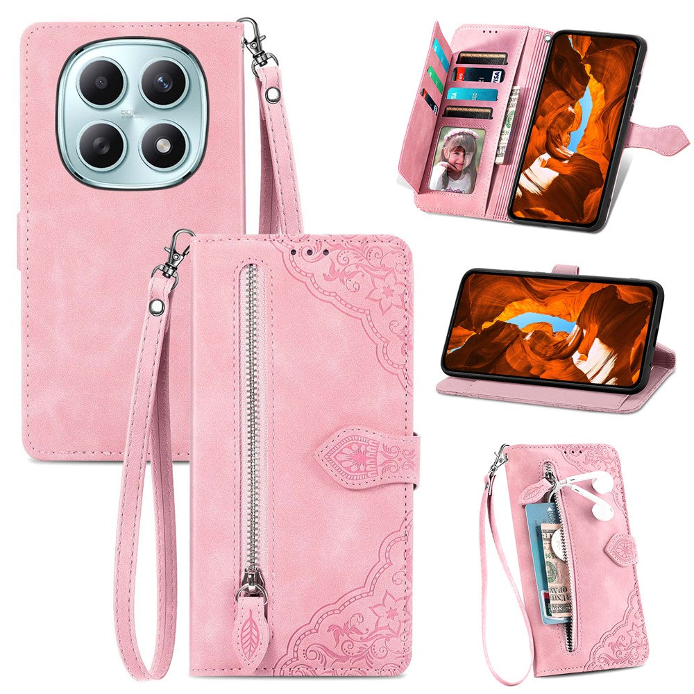Phone Case For Xiaomi Poco M8 5G / Redmi Note 15 5G (Global) / 15 4G (Global) Zipper Wallet with Strap Flower Imprint PU Leather Phone Cover - Pink
