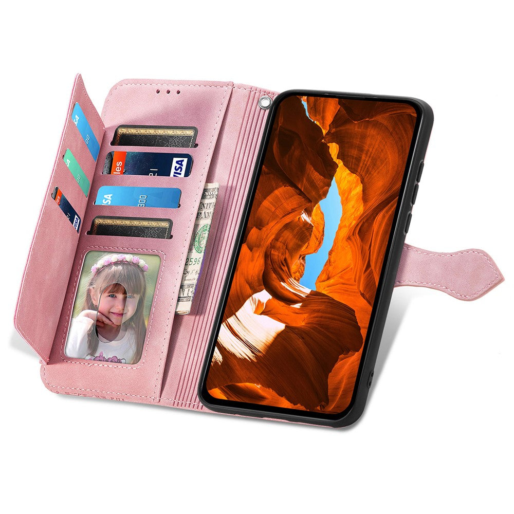 Phone Case For Xiaomi Poco M8 5G / Redmi Note 15 5G (Global) / 15 4G (Global) Zipper Wallet with Strap Flower Imprint PU Leather Phone Cover - Pink