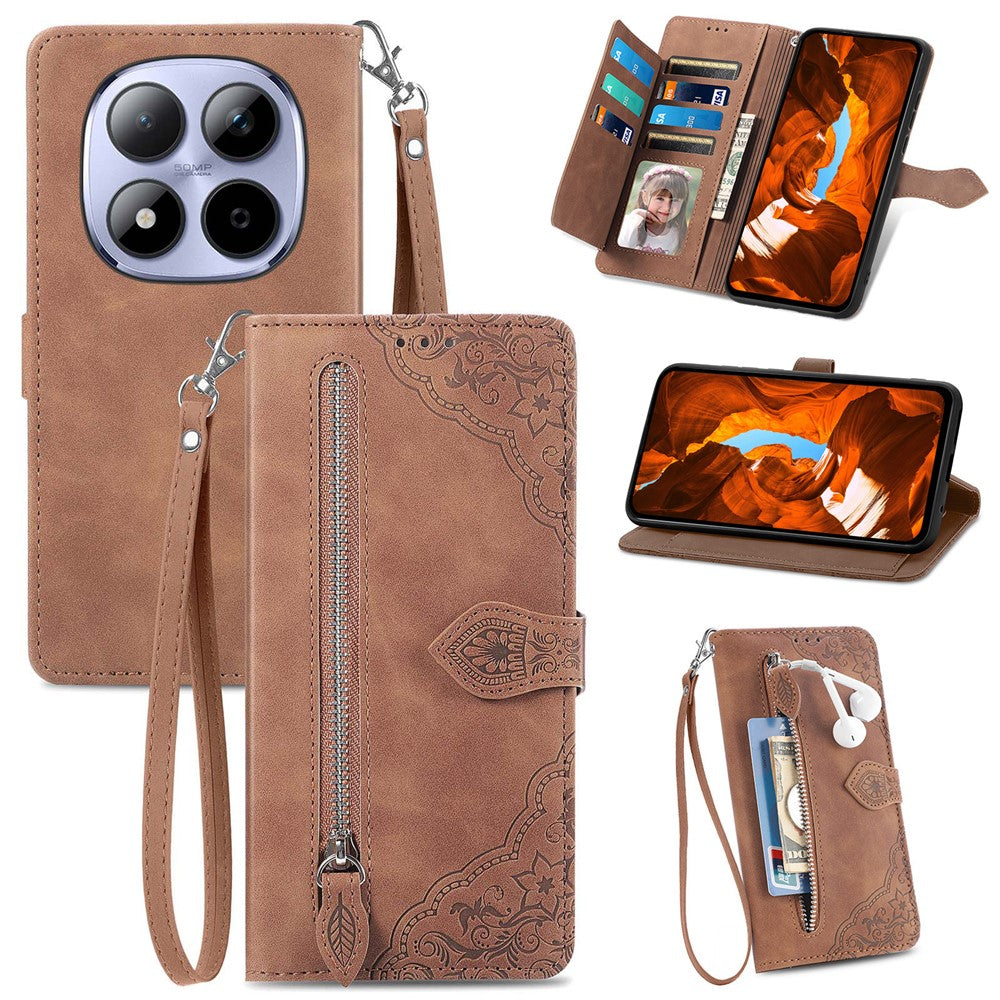 For Xiaomi Redmi Note 15 Pro 4G (Global) Zipper Wallet Case with Strap Flower Imprint PU Leather Phone Cover - Brown