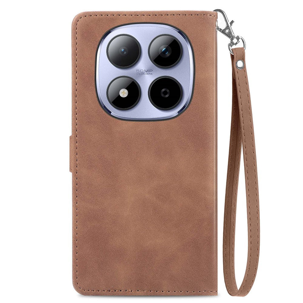 For Xiaomi Redmi Note 15 Pro 4G (Global) Zipper Wallet Case with Strap Flower Imprint PU Leather Phone Cover - Brown