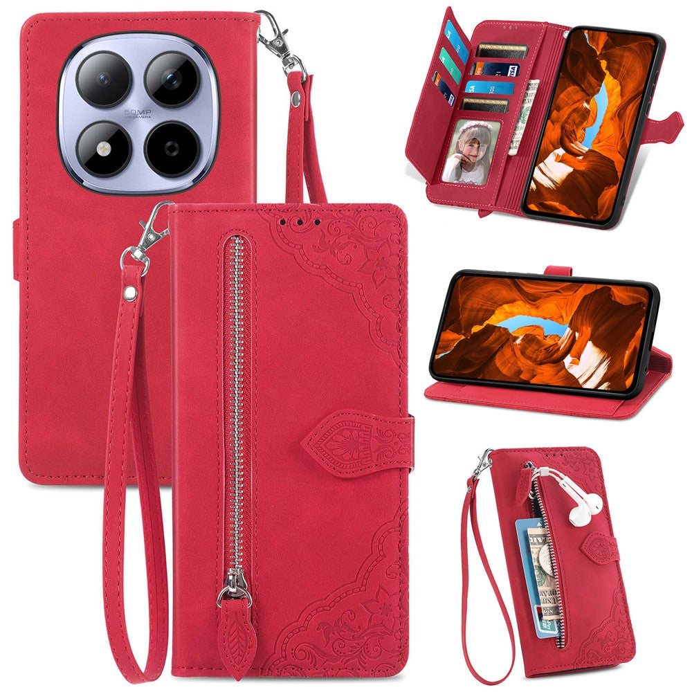 For Xiaomi Redmi Note 15 Pro 4G (Global) Zipper Wallet Case with Strap Flower Imprint PU Leather Phone Cover - Red