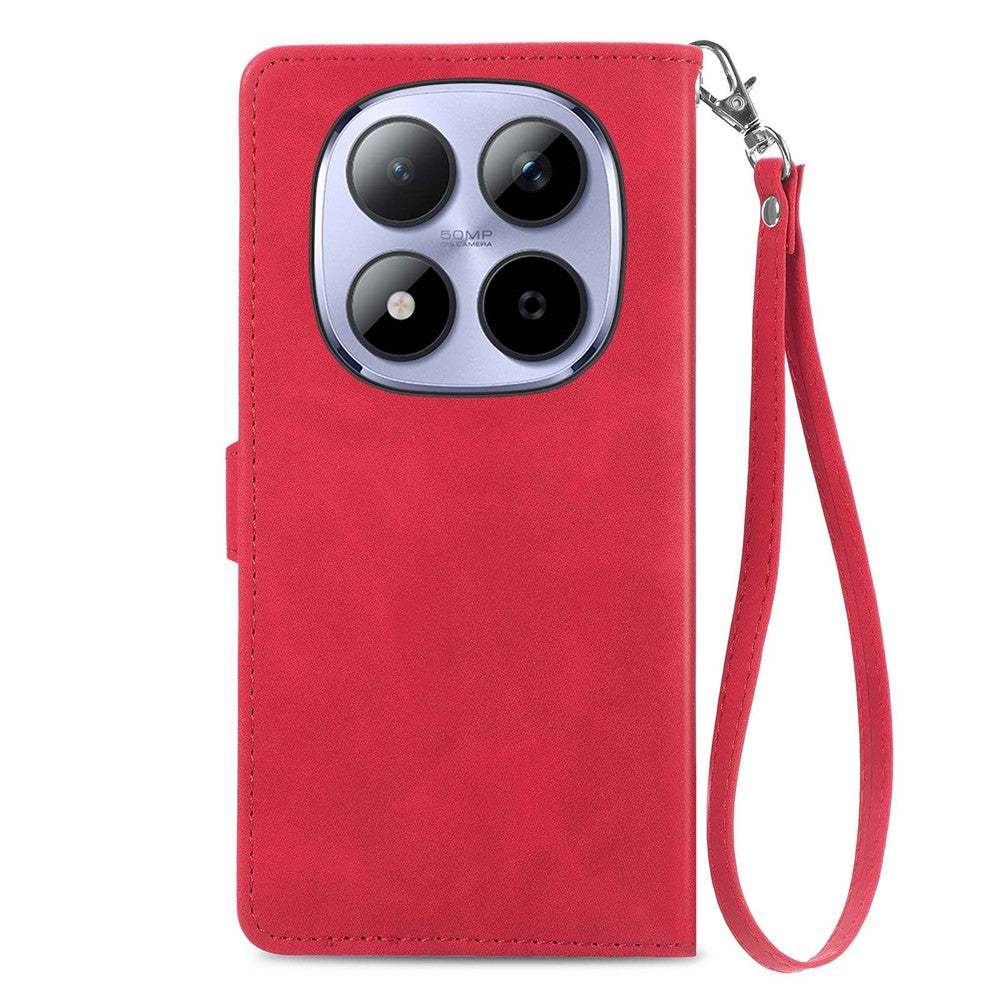 For Xiaomi Redmi Note 15 Pro 4G (Global) Zipper Wallet Case with Strap Flower Imprint PU Leather Phone Cover - Red
