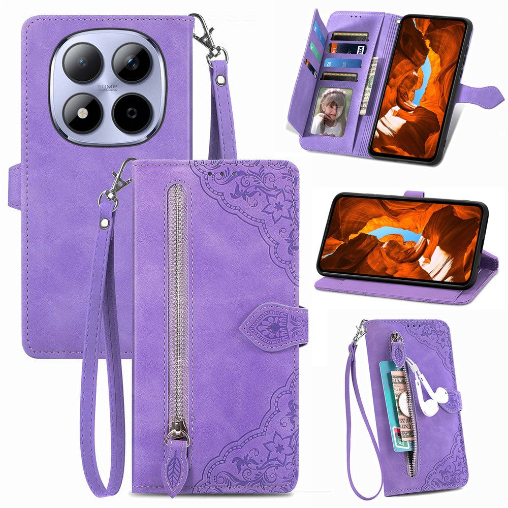 For Xiaomi Redmi Note 15 Pro 4G (Global) Zipper Wallet Case with Strap Flower Imprint PU Leather Phone Cover - Purple