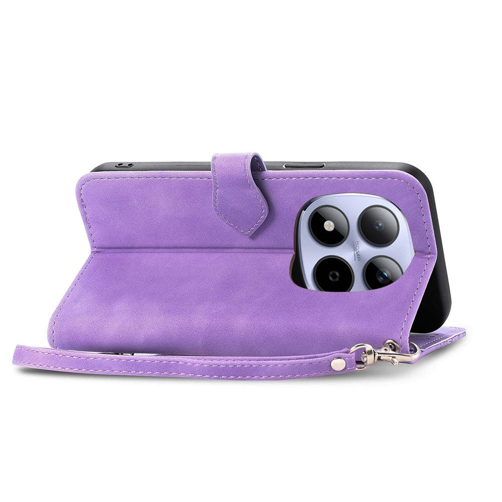 For Xiaomi Redmi Note 15 Pro 4G (Global) Zipper Wallet Case with Strap Flower Imprint PU Leather Phone Cover - Purple