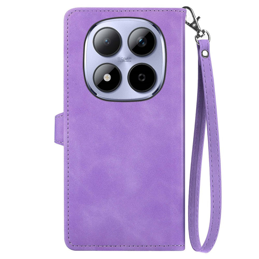 For Xiaomi Redmi Note 15 Pro 4G (Global) Zipper Wallet Case with Strap Flower Imprint PU Leather Phone Cover - Purple
