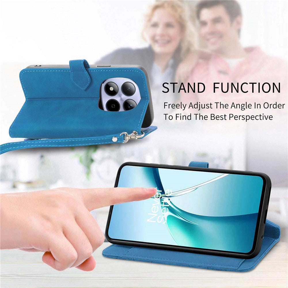 For Xiaomi Redmi Note 15 Pro 4G (Global) Zipper Wallet Case with Strap Flower Imprint PU Leather Phone Cover - Blue