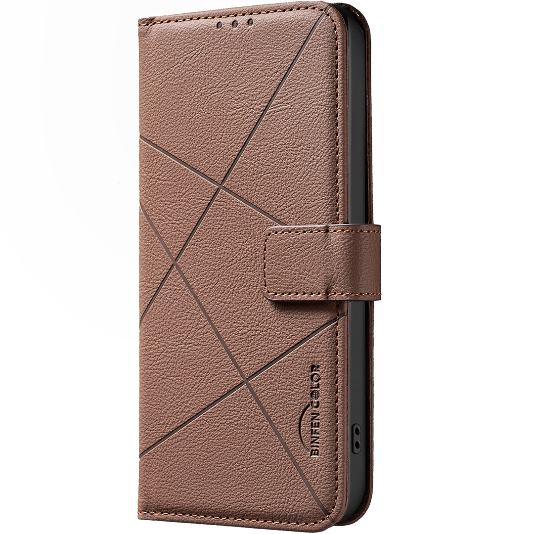 For Xiaomi Poco M8 5G / Redmi Note 15 5G (Global) / 15 4G (Global) Case BINFEN COLOR BF35 Geometry Imprinted Leather Phone Cover RFID Blocking Wallet Stand - Brown