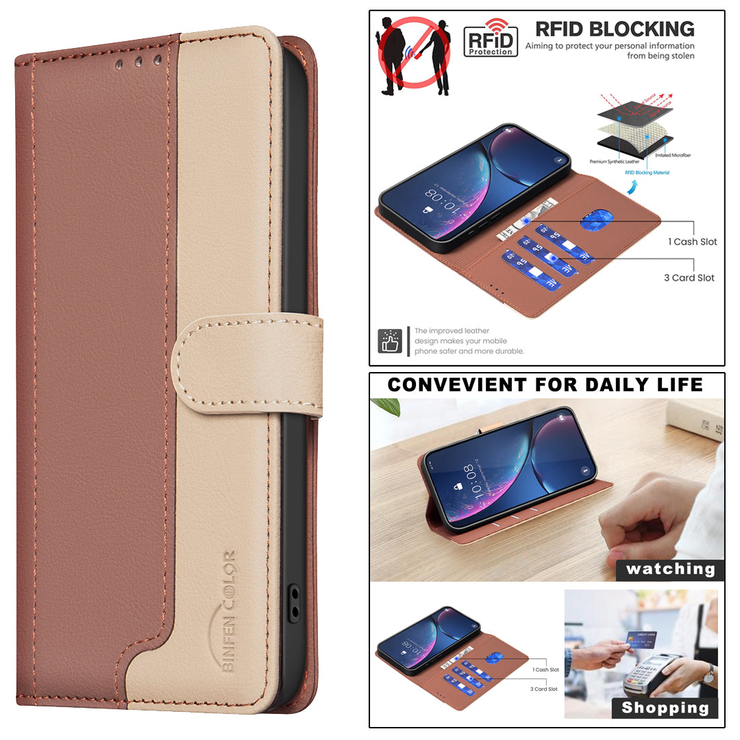 For Xiaomi Poco M8 5G / Redmi Note 15 5G (Global) / 15 4G (Global) Leather Case BINFEN COLOR Splicing Color RFID Blocking Wallet Stand Phone Cover - Brown
