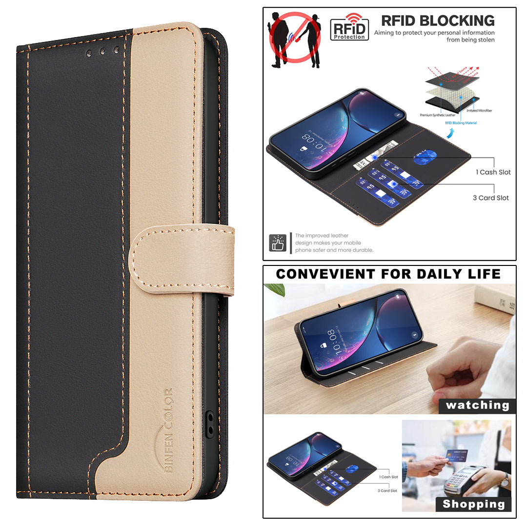 For Xiaomi Poco M8 5G / Redmi Note 15 5G (Global) / 15 4G (Global) Leather Case BINFEN COLOR Splicing Color RFID Blocking Wallet Stand Phone Cover - Black