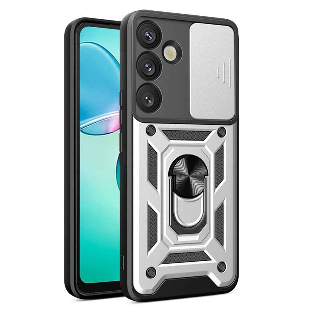 For Samsung Galaxy A57 5G Case with Slide Camera Lid PC + TPU Kickstand Phone Cover - Silver