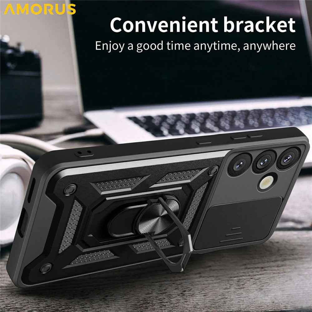 AMORUS For Samsung Galaxy A57 5G Case Kickstand PC + TPU Phone Cover with Camera Lens Slider - Black