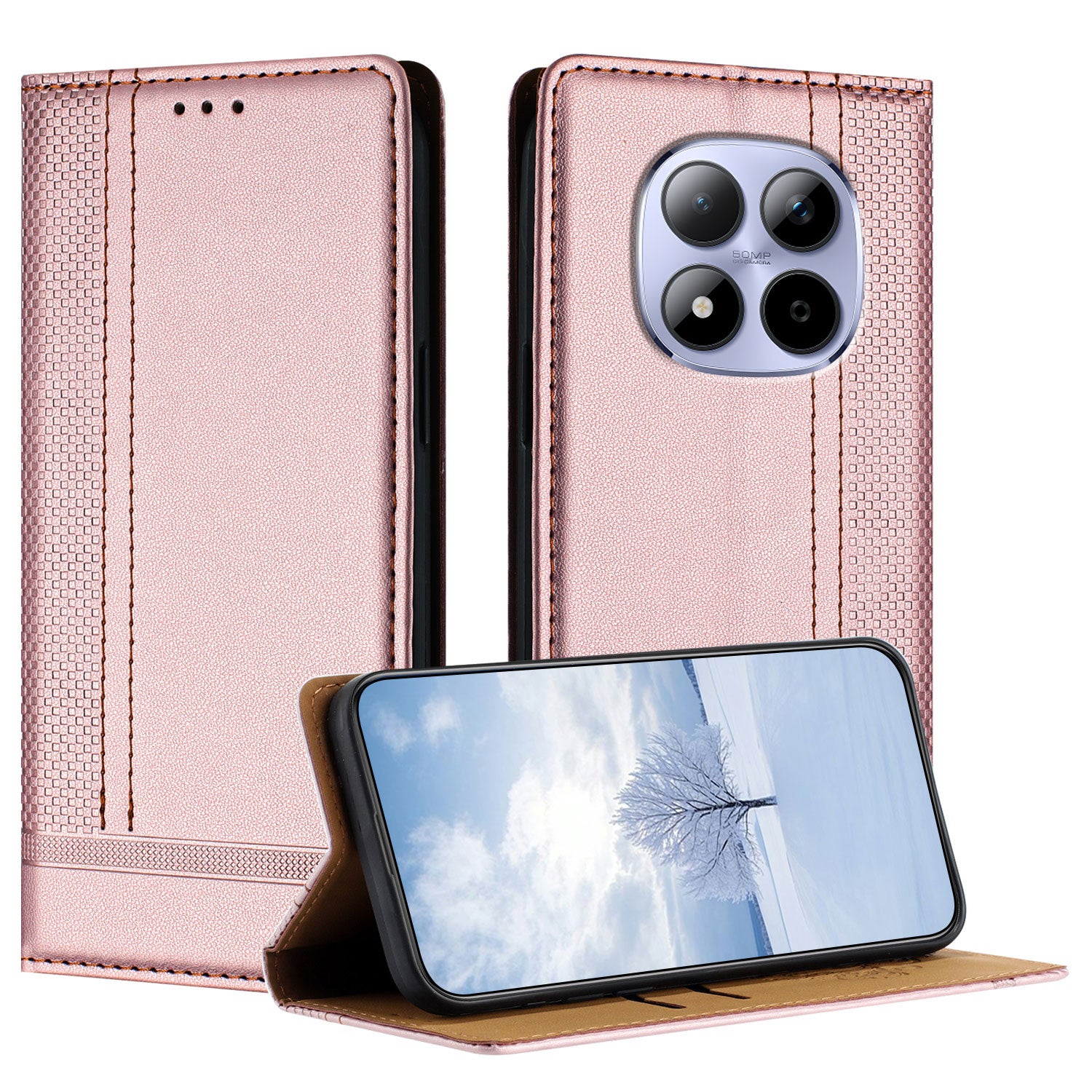 For Xiaomi Redmi Note 15 Pro 4G (Global) Case L-Shaped Grid Pattern Leather Stand Phone Cover with Card Slots - Rose Gold