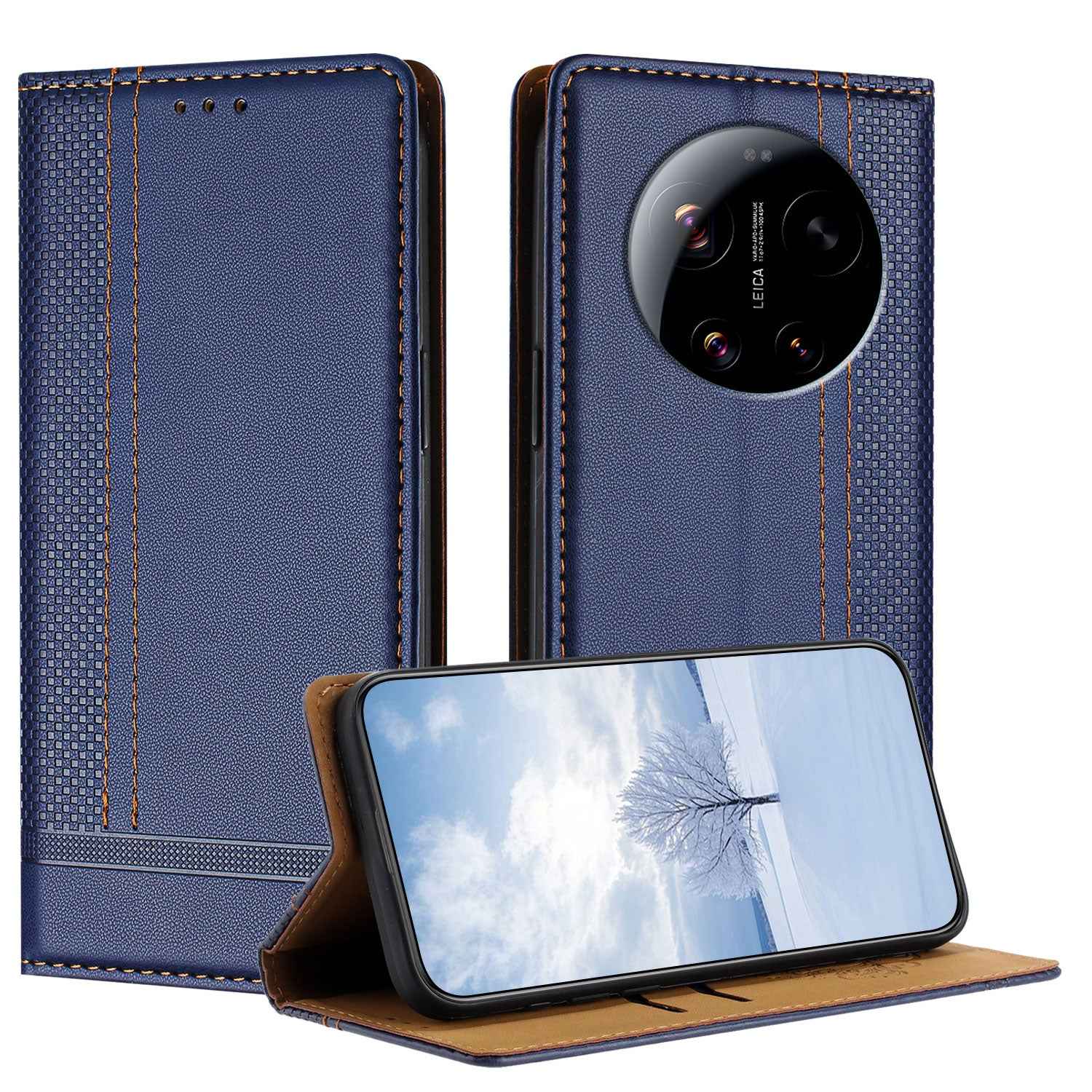 For Xiaomi 17 Ultra 5G Case L-Shaped Grid Pattern Leather Stand Phone Cover with Card Slots - Blue