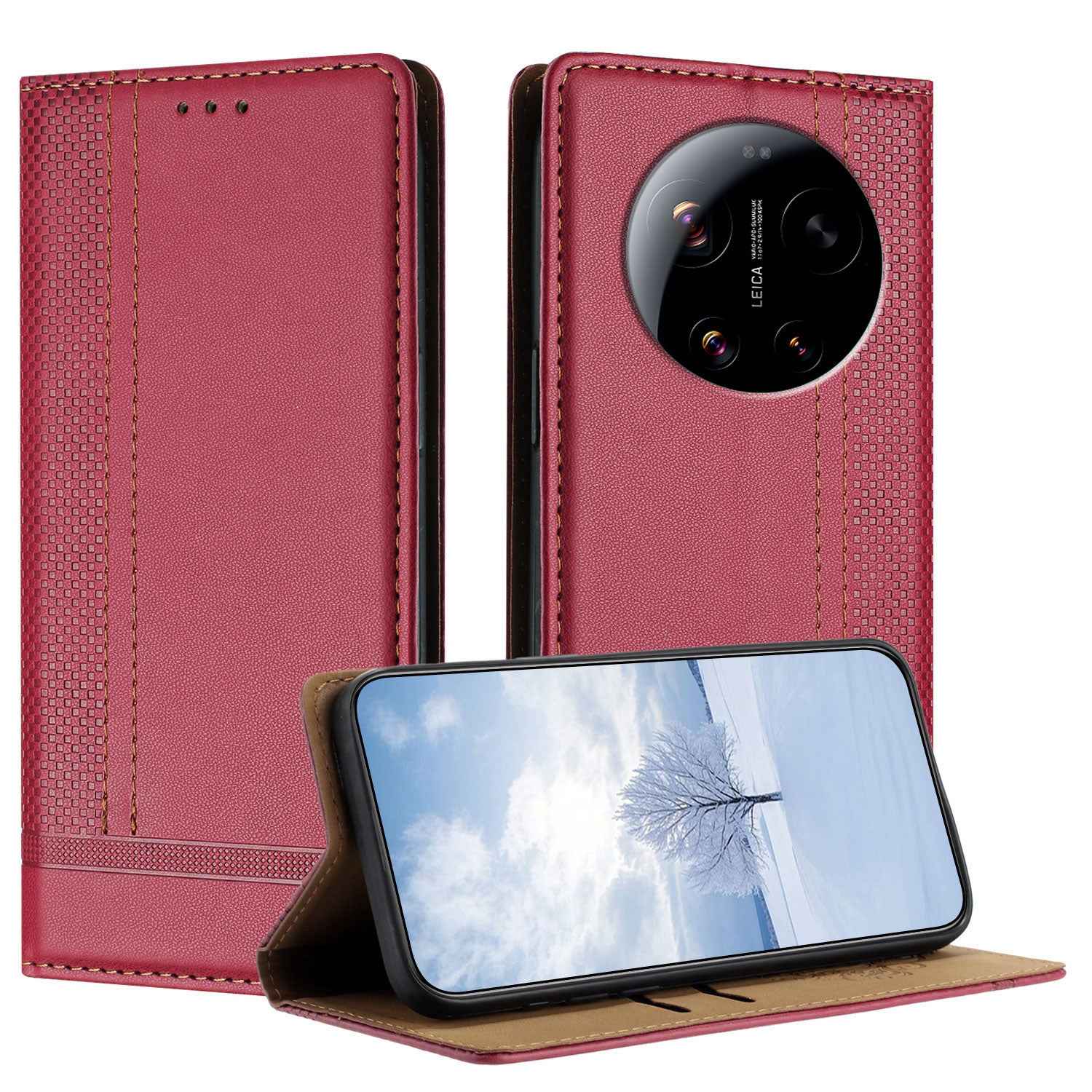 For Xiaomi 17 Ultra 5G Case L-Shaped Grid Pattern Leather Stand Phone Cover with Card Slots - Red