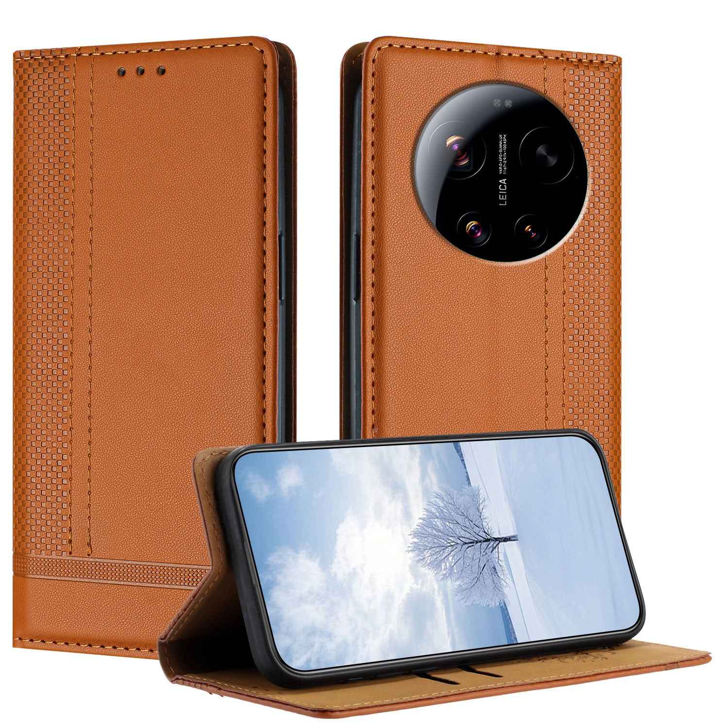 For Xiaomi 17 Ultra 5G Case L-Shaped Grid Pattern Leather Stand Phone Cover with Card Slots - Brown