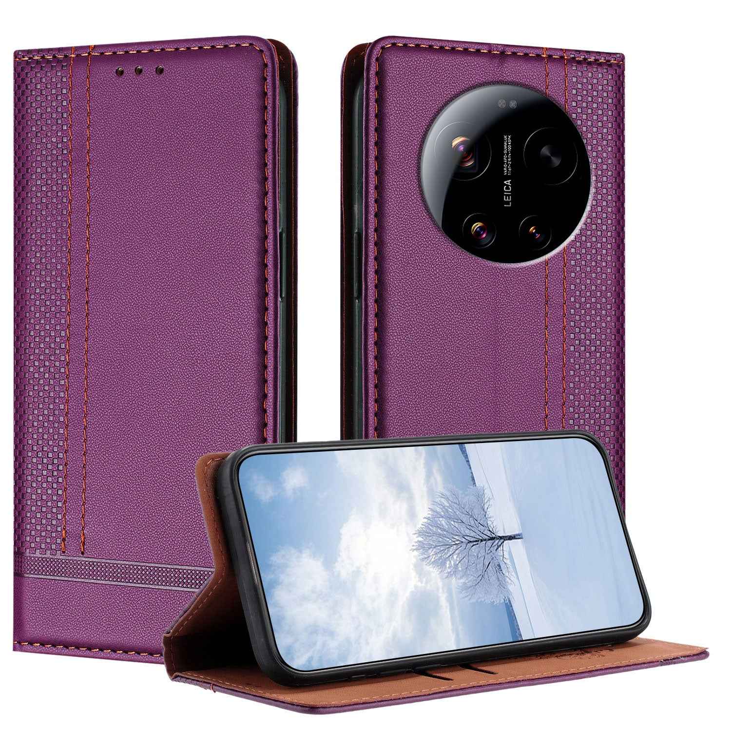 For Xiaomi 17 Ultra 5G Case L-Shaped Grid Pattern Leather Stand Phone Cover with Card Slots - Purple