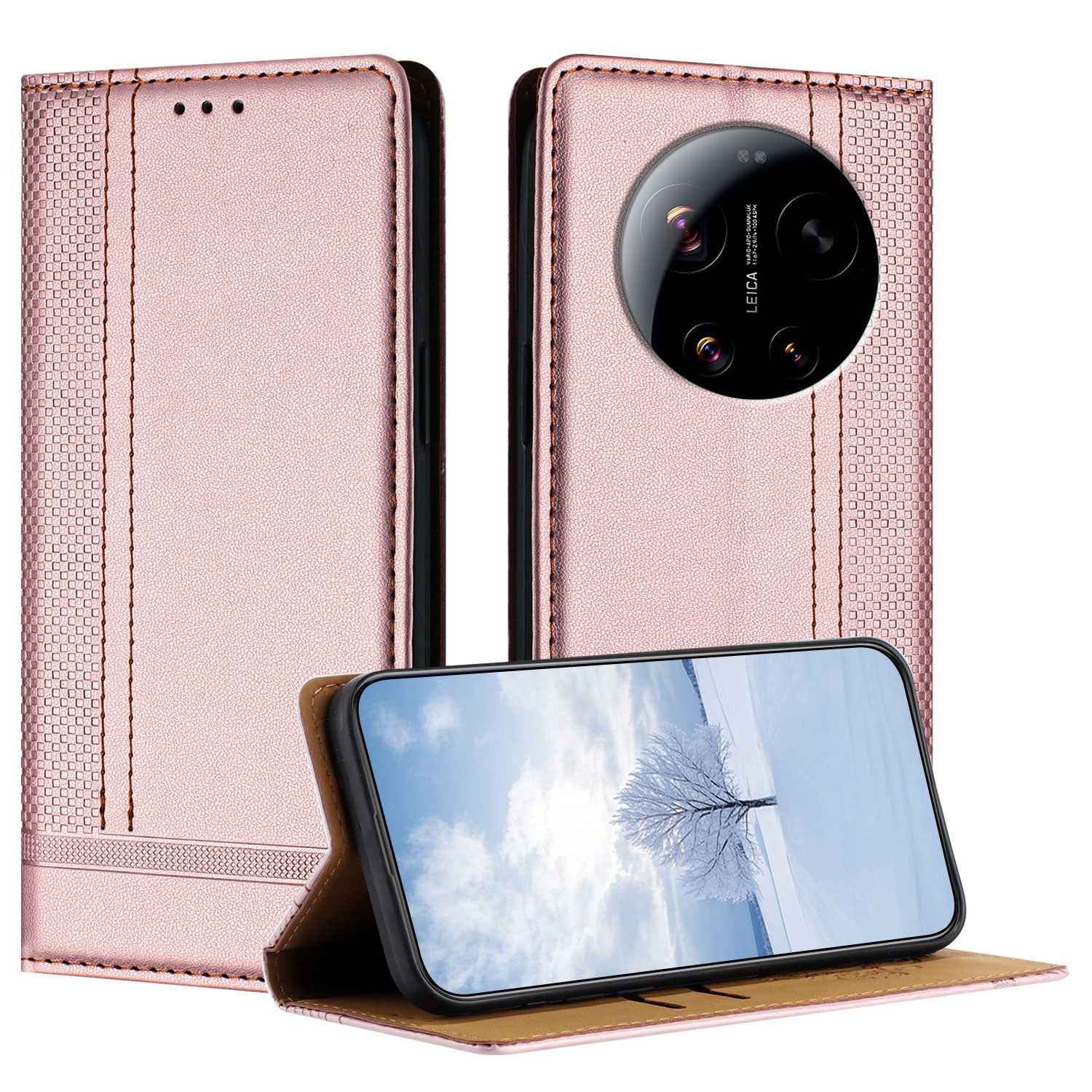 For Xiaomi 17 Ultra 5G Case L-Shaped Grid Pattern Leather Stand Phone Cover with Card Slots - Rose Gold