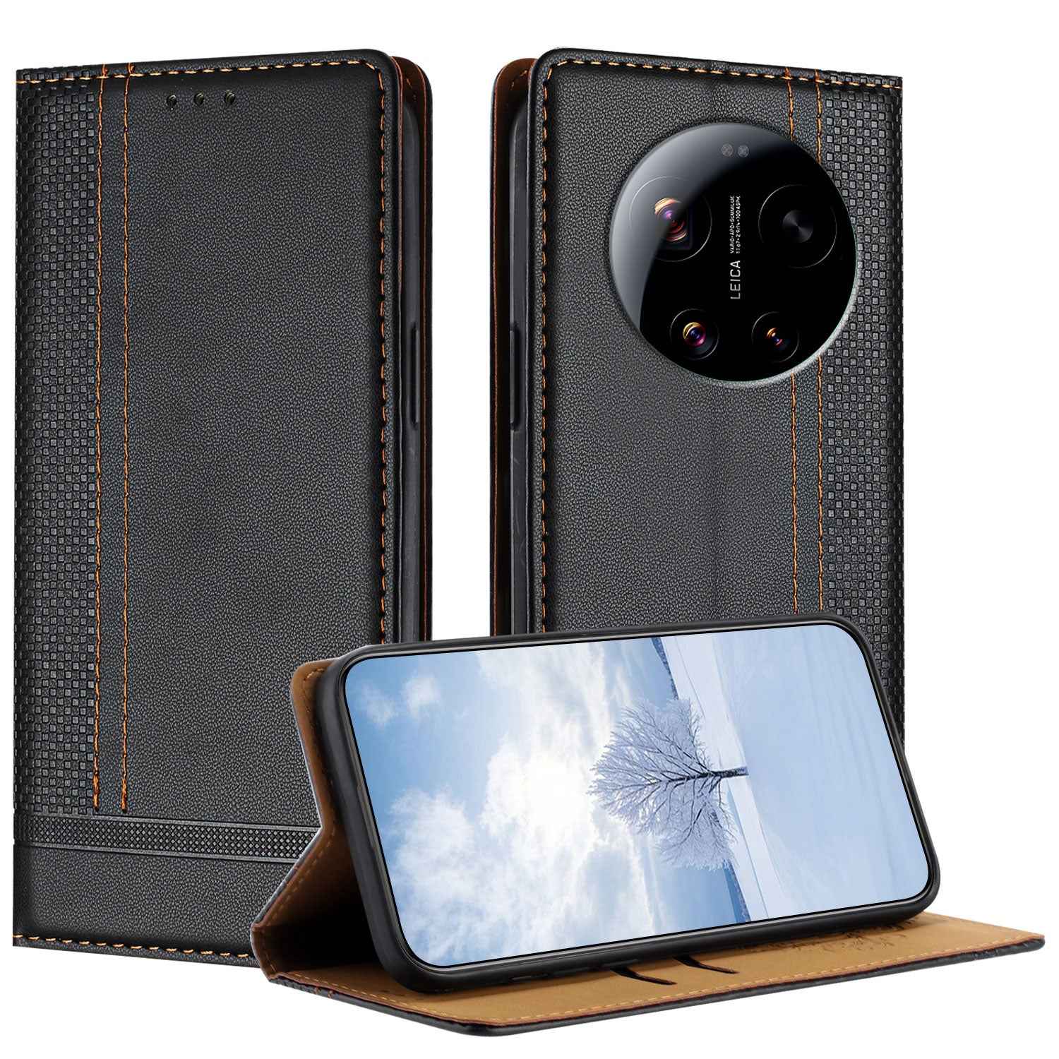 For Xiaomi 17 Ultra 5G Case L-Shaped Grid Pattern Leather Stand Phone Cover with Card Slots - Black