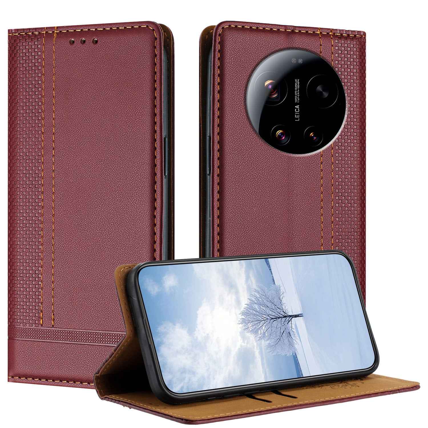 For Xiaomi 17 Ultra 5G Case L-Shaped Grid Pattern Leather Stand Phone Cover with Card Slots - Wine Red