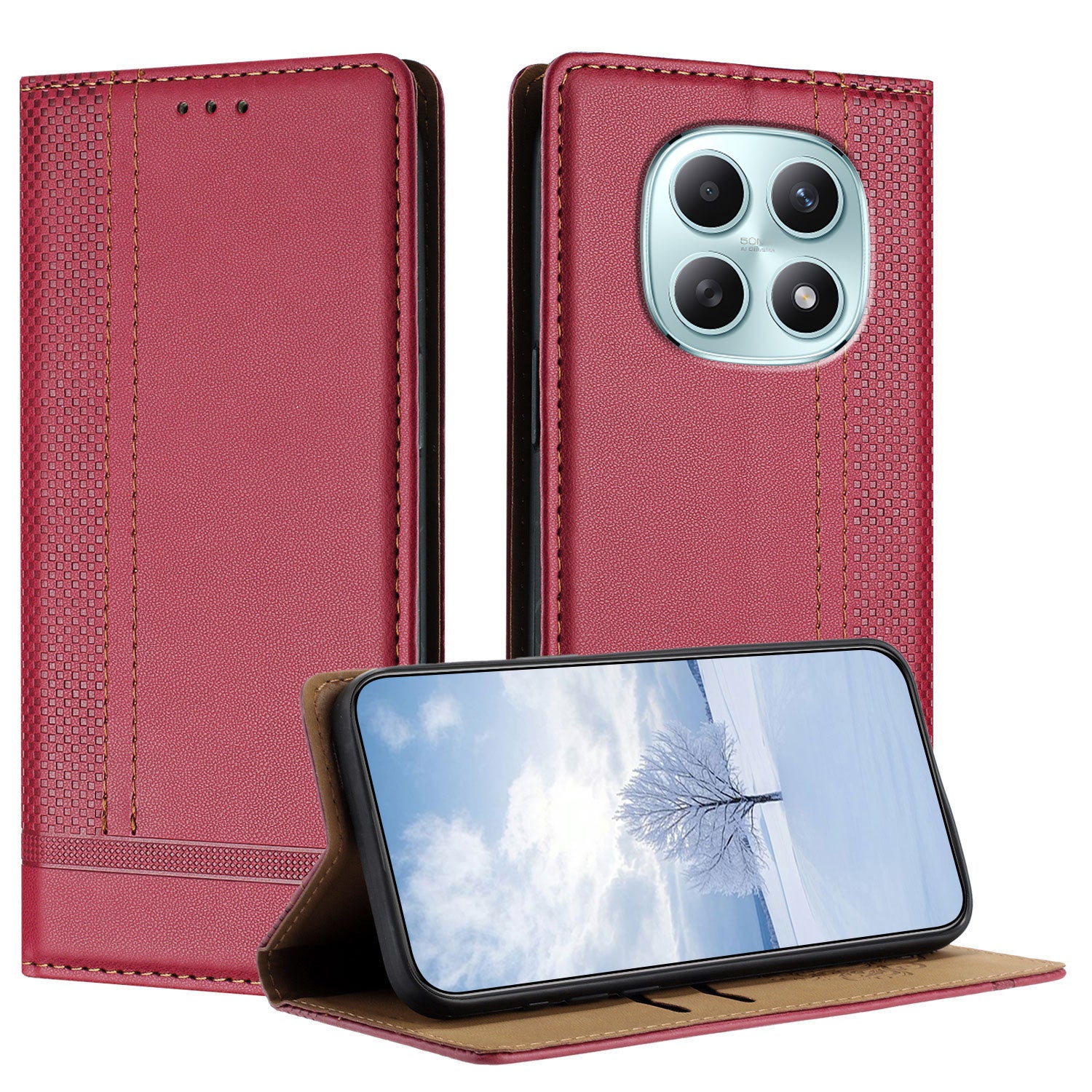 For Xiaomi Poco M8 5G / Redmi Note 15 5G (Global) / 15 4G (Global) Case L-Shaped Grid Pattern Leather Stand Phone Cover with Card Slots - Red