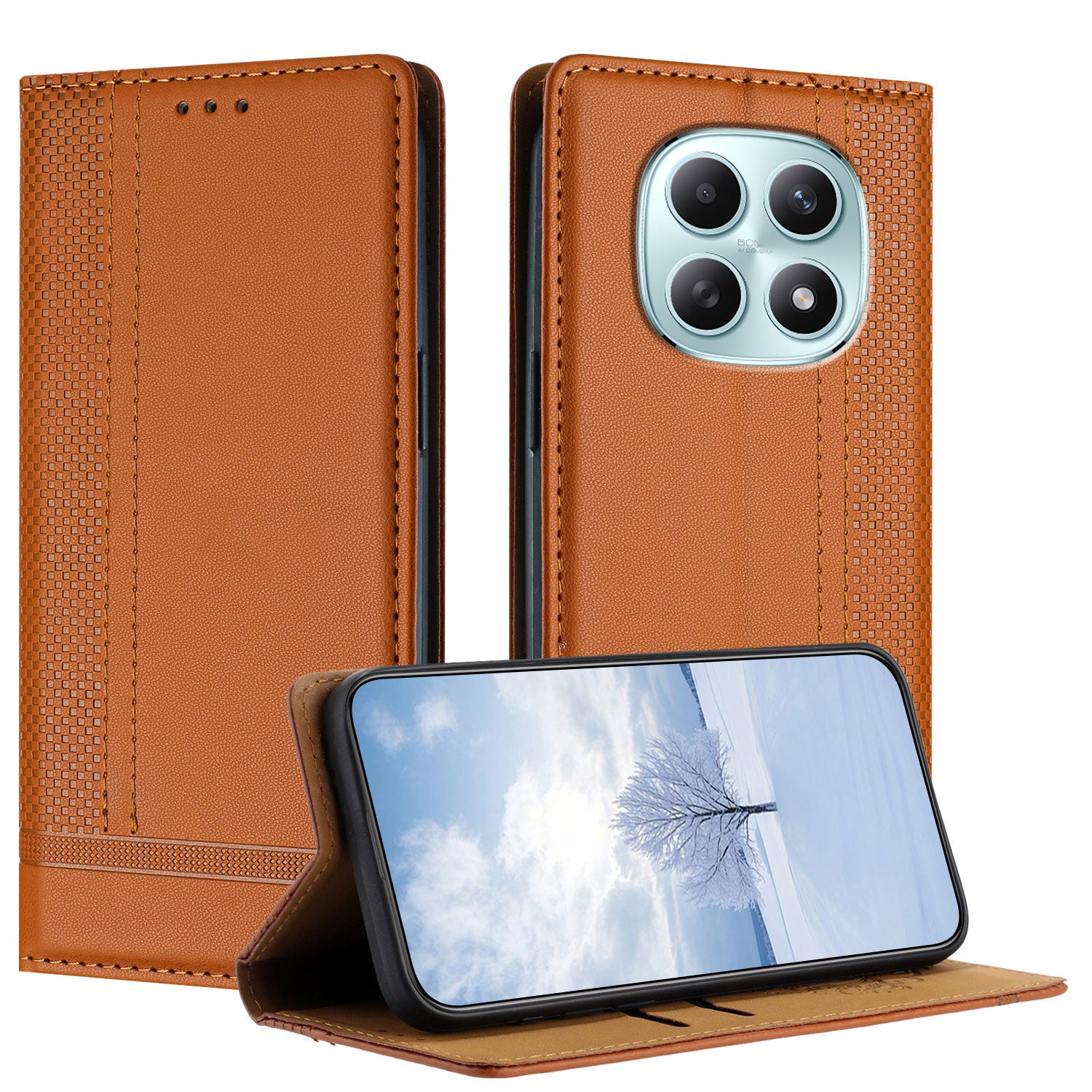 For Xiaomi Poco M8 5G / Redmi Note 15 5G (Global) / 15 4G (Global) Case L-Shaped Grid Pattern Leather Stand Phone Cover with Card Slots - Brown
