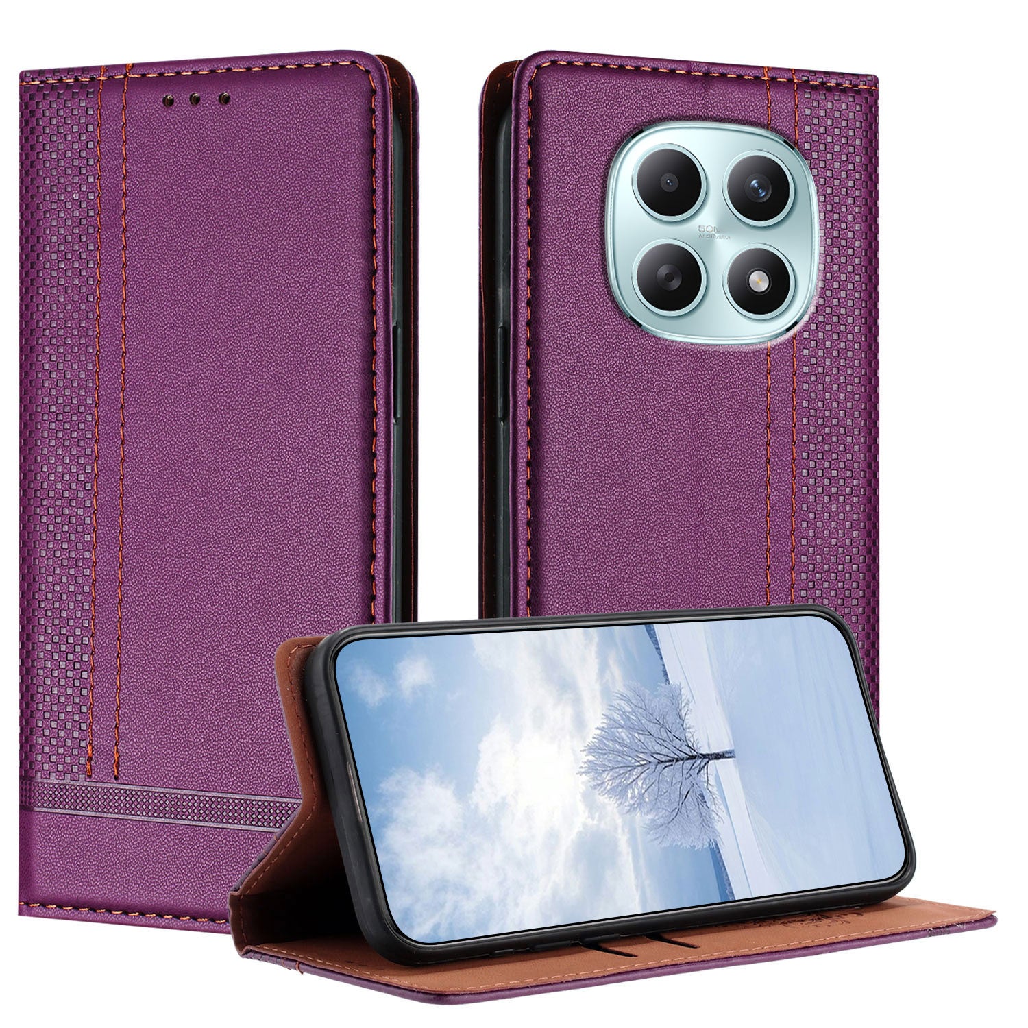 For Xiaomi Poco M8 5G / Redmi Note 15 5G (Global) / 15 4G (Global) Case L-Shaped Grid Pattern Leather Stand Phone Cover with Card Slots - Purple