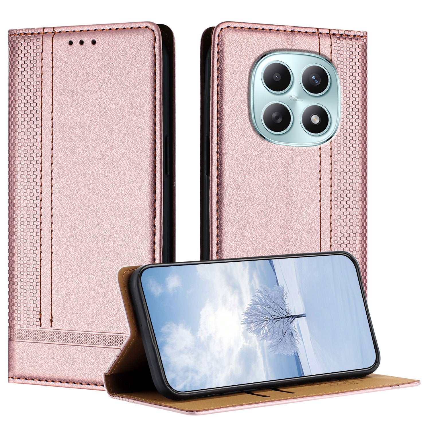 For Xiaomi Poco M8 5G / Redmi Note 15 5G (Global) / 15 4G (Global) Case L-Shaped Grid Pattern Leather Stand Phone Cover with Card Slots - Rose Gold