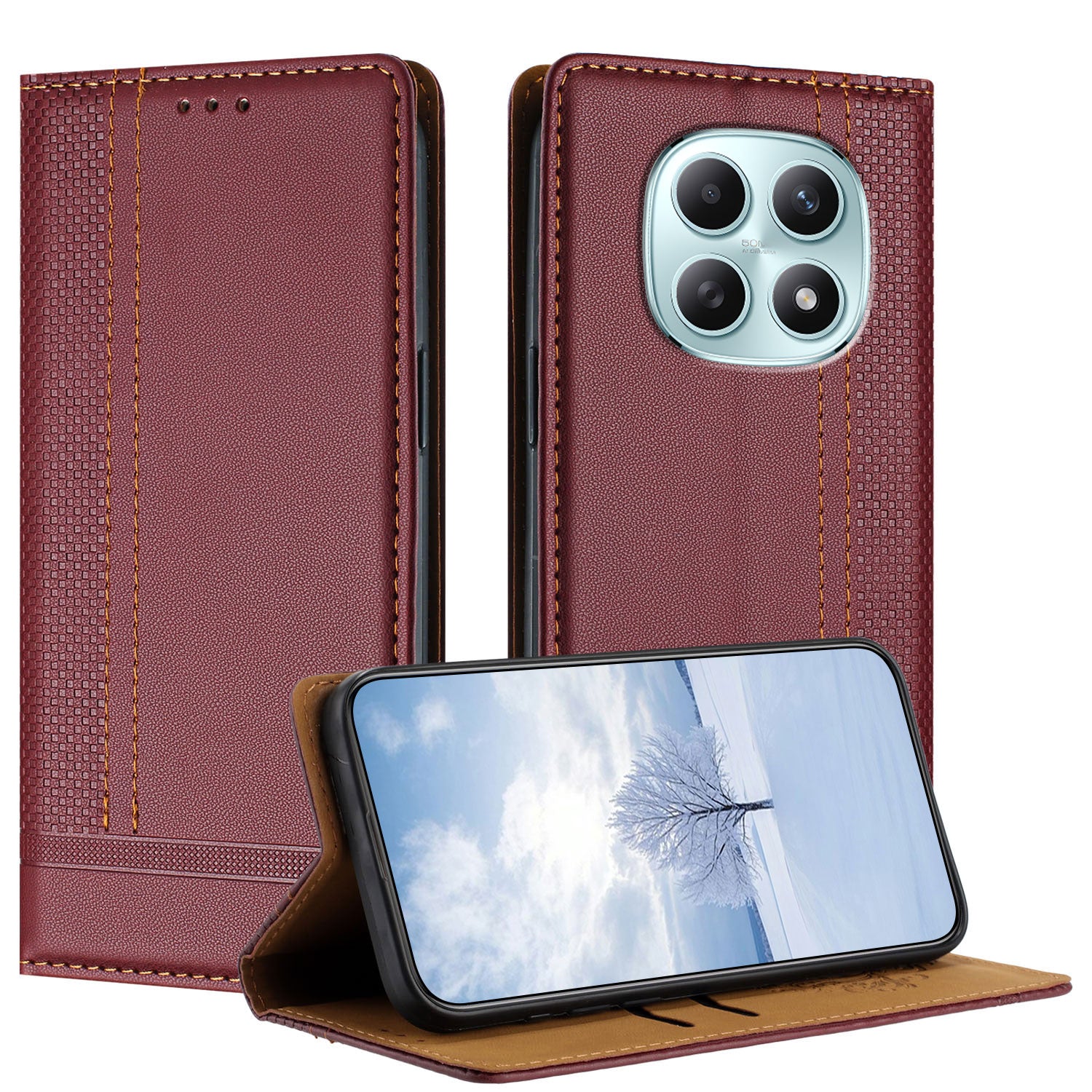 For Xiaomi Poco M8 5G / Redmi Note 15 5G (Global) / 15 4G (Global) Case L-Shaped Grid Pattern Leather Stand Phone Cover with Card Slots - Wine Red