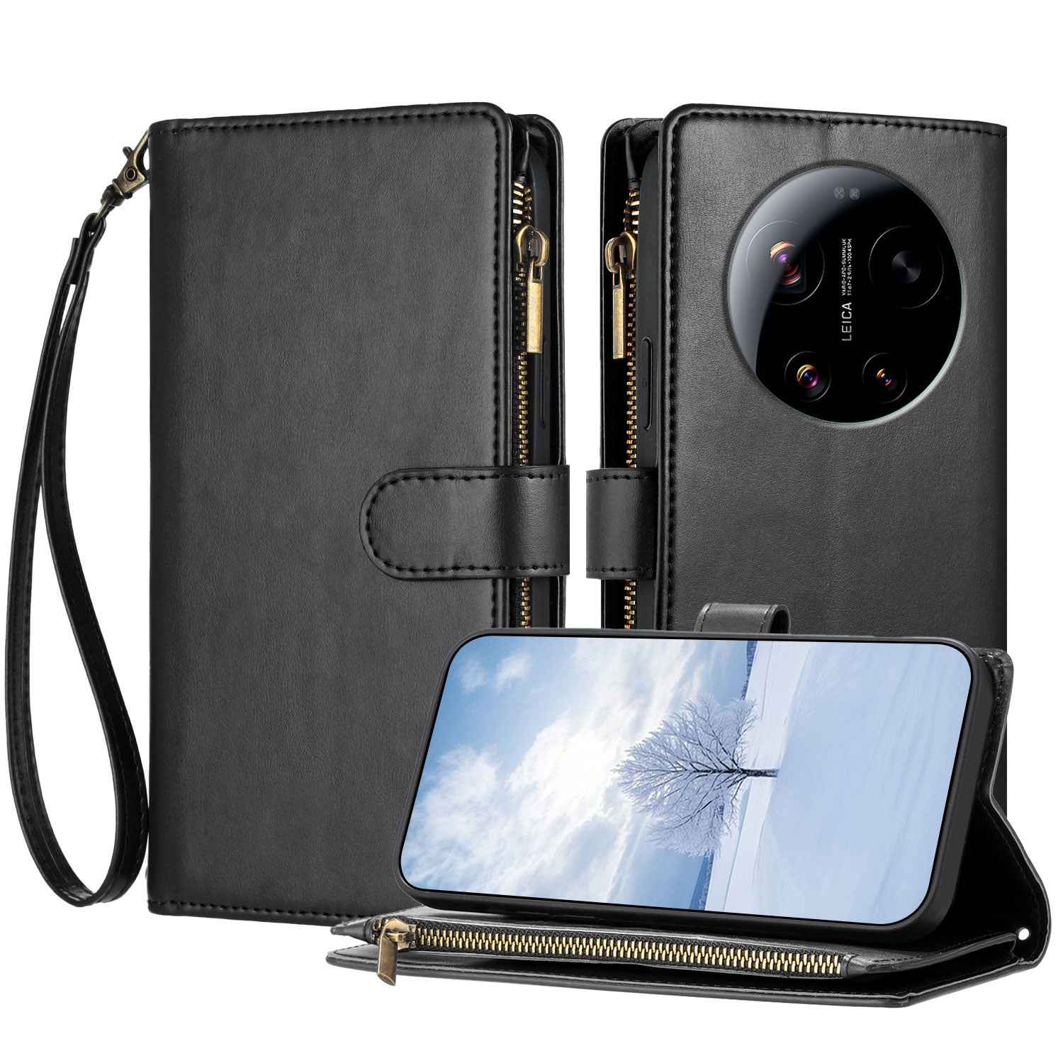 For Xiaomi 17 Ultra 5G Leather Case Zipper Wallet Stand Shockproof Phone Cover with Wrist Strap - Black