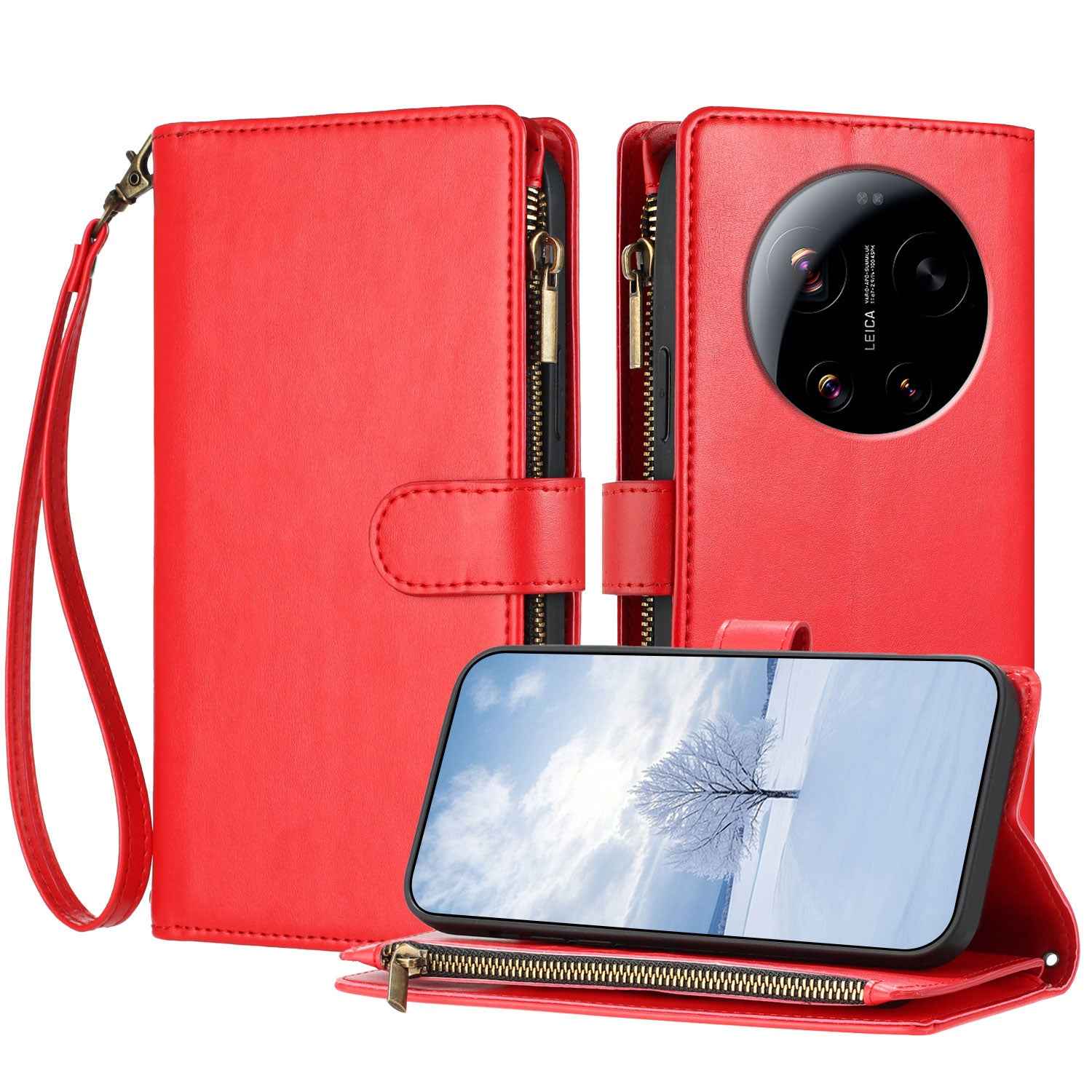 For Xiaomi 17 Ultra 5G Leather Case Zipper Wallet Stand Shockproof Phone Cover with Wrist Strap - Red