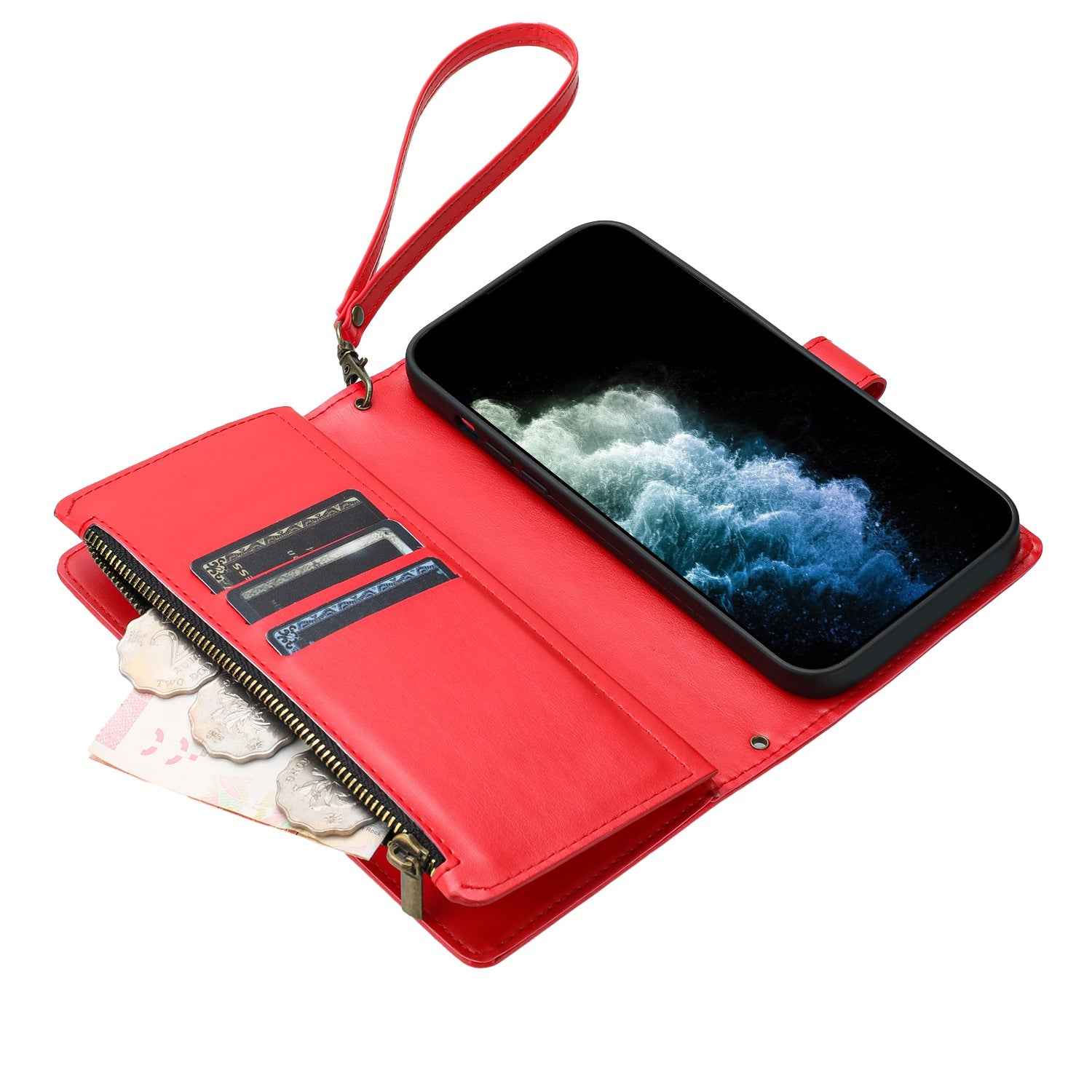 For Xiaomi 17 Ultra 5G Leather Case Zipper Wallet Stand Shockproof Phone Cover with Wrist Strap - Red