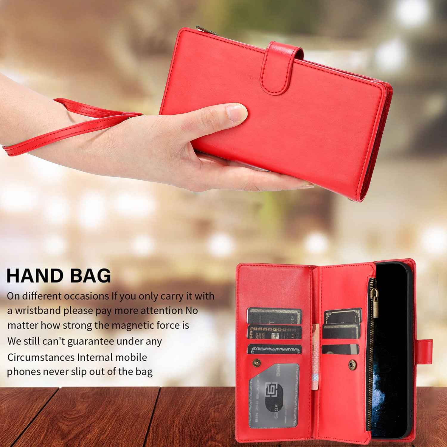 For Xiaomi 17 Ultra 5G Leather Case Zipper Wallet Stand Shockproof Phone Cover with Wrist Strap - Red