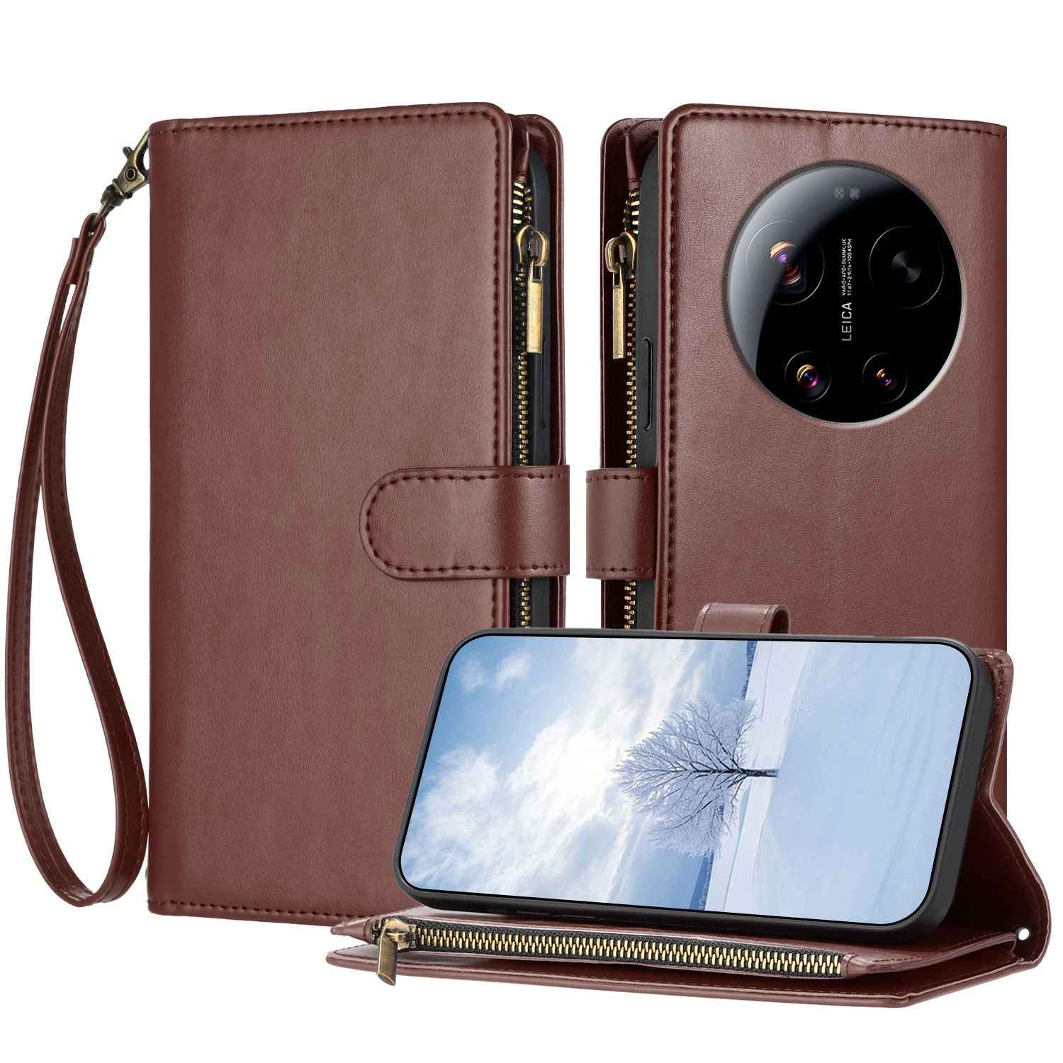 For Xiaomi 17 Ultra 5G Leather Case Zipper Wallet Stand Shockproof Phone Cover with Wrist Strap - Brown