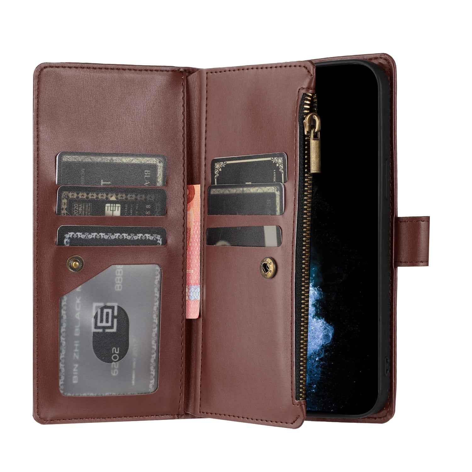For Xiaomi 17 Ultra 5G Leather Case Zipper Wallet Stand Shockproof Phone Cover with Wrist Strap - Brown
