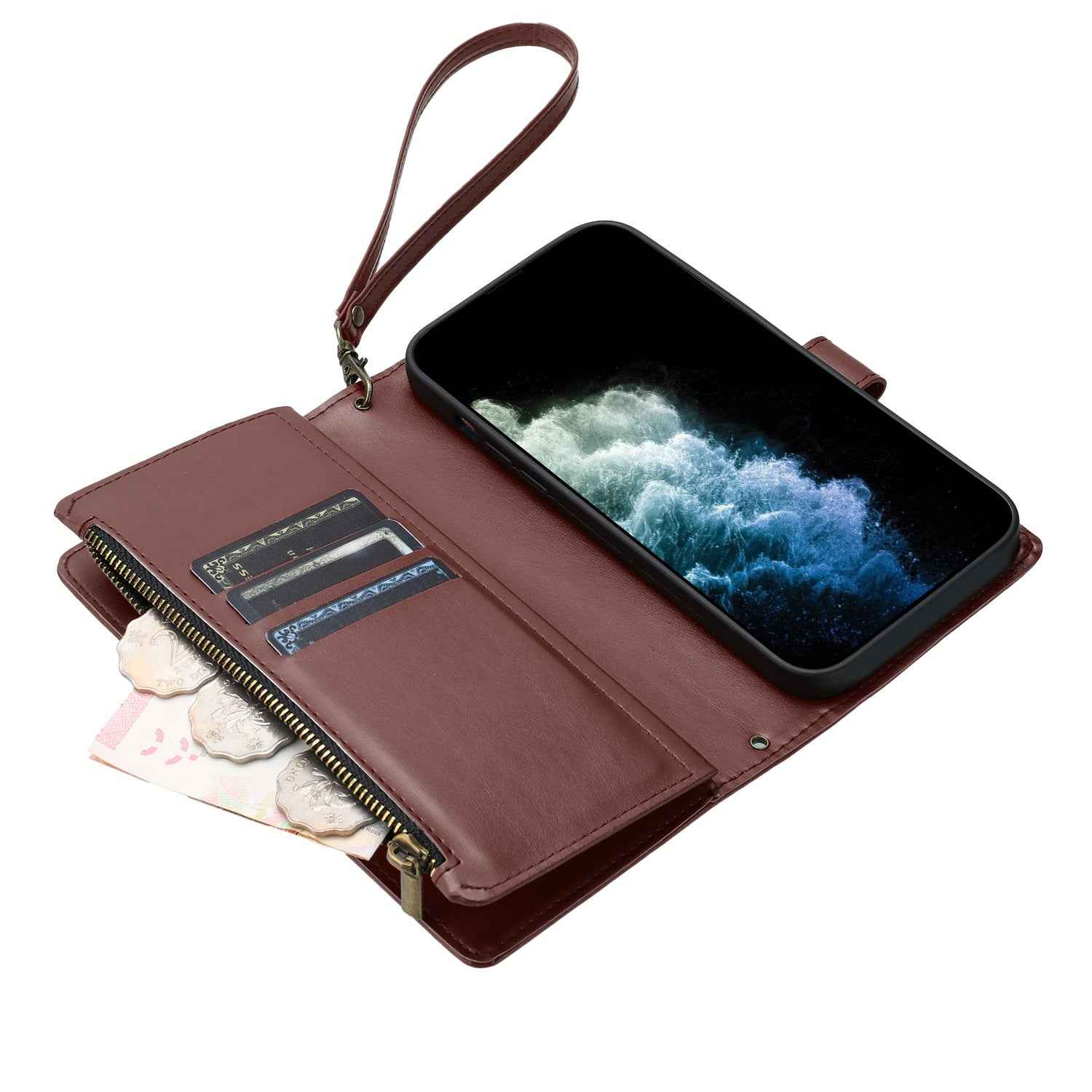 For Xiaomi 17 Ultra 5G Leather Case Zipper Wallet Stand Shockproof Phone Cover with Wrist Strap - Brown