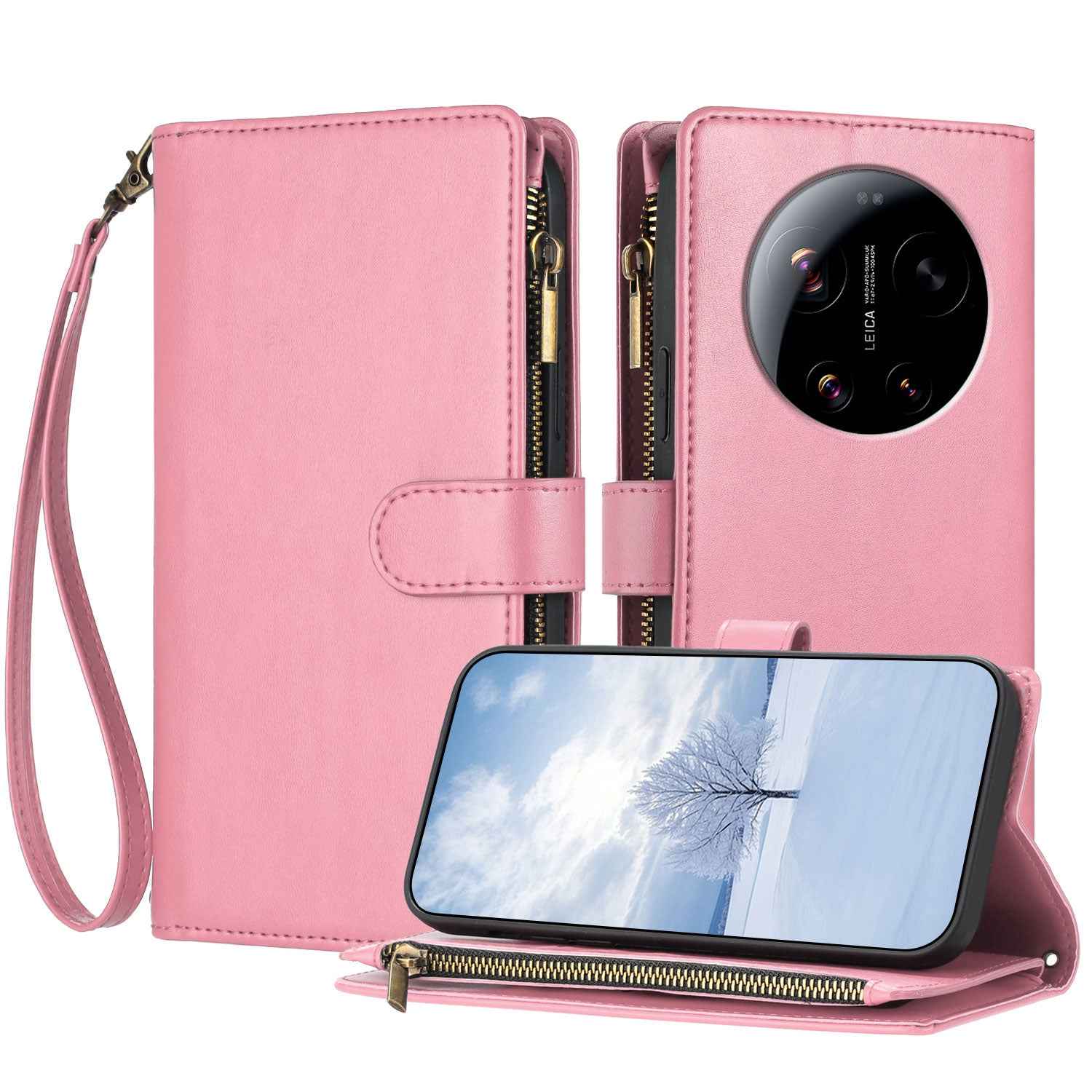 For Xiaomi 17 Ultra 5G Leather Case Zipper Wallet Stand Shockproof Phone Cover with Wrist Strap - Pink