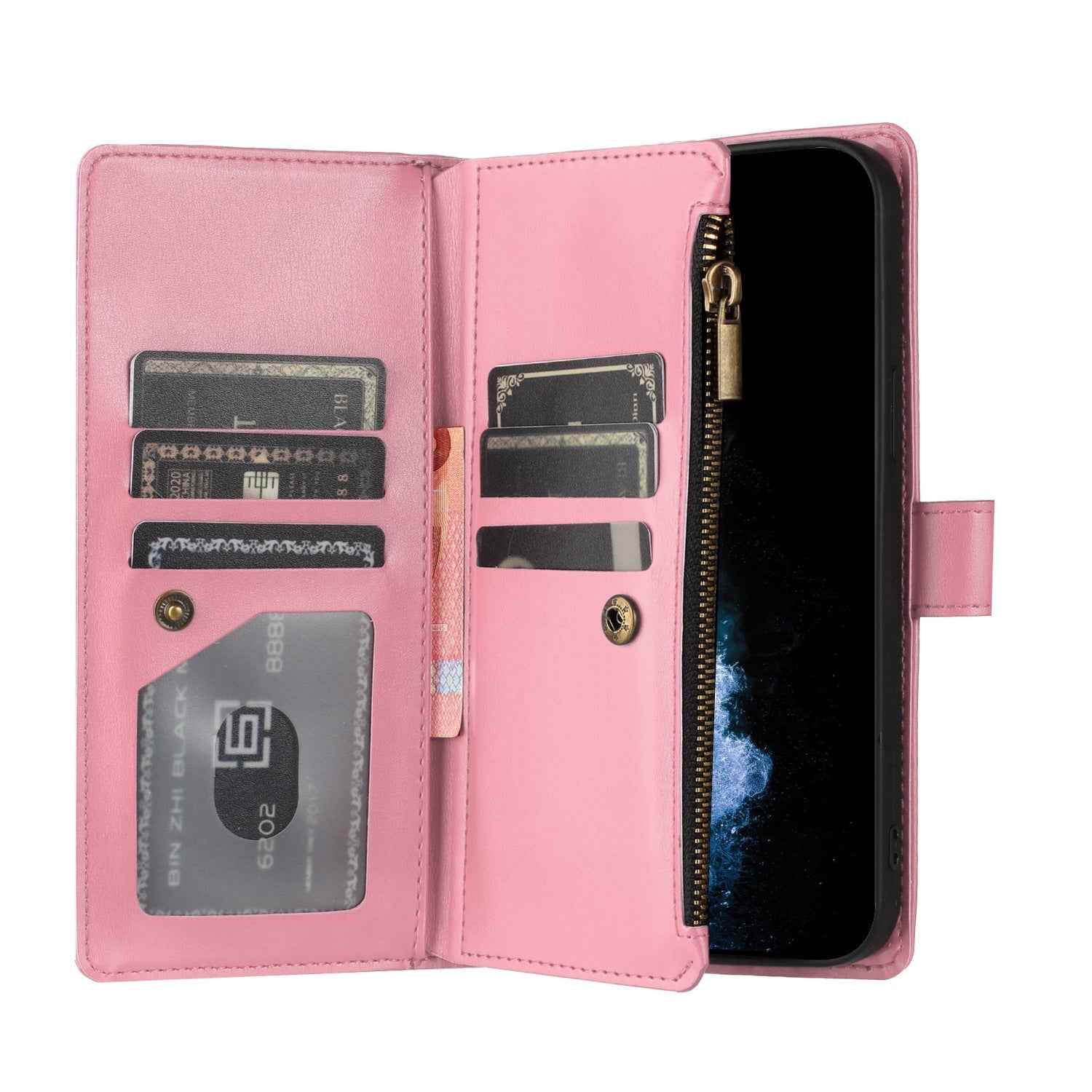 For Xiaomi 17 Ultra 5G Leather Case Zipper Wallet Stand Shockproof Phone Cover with Wrist Strap - Pink