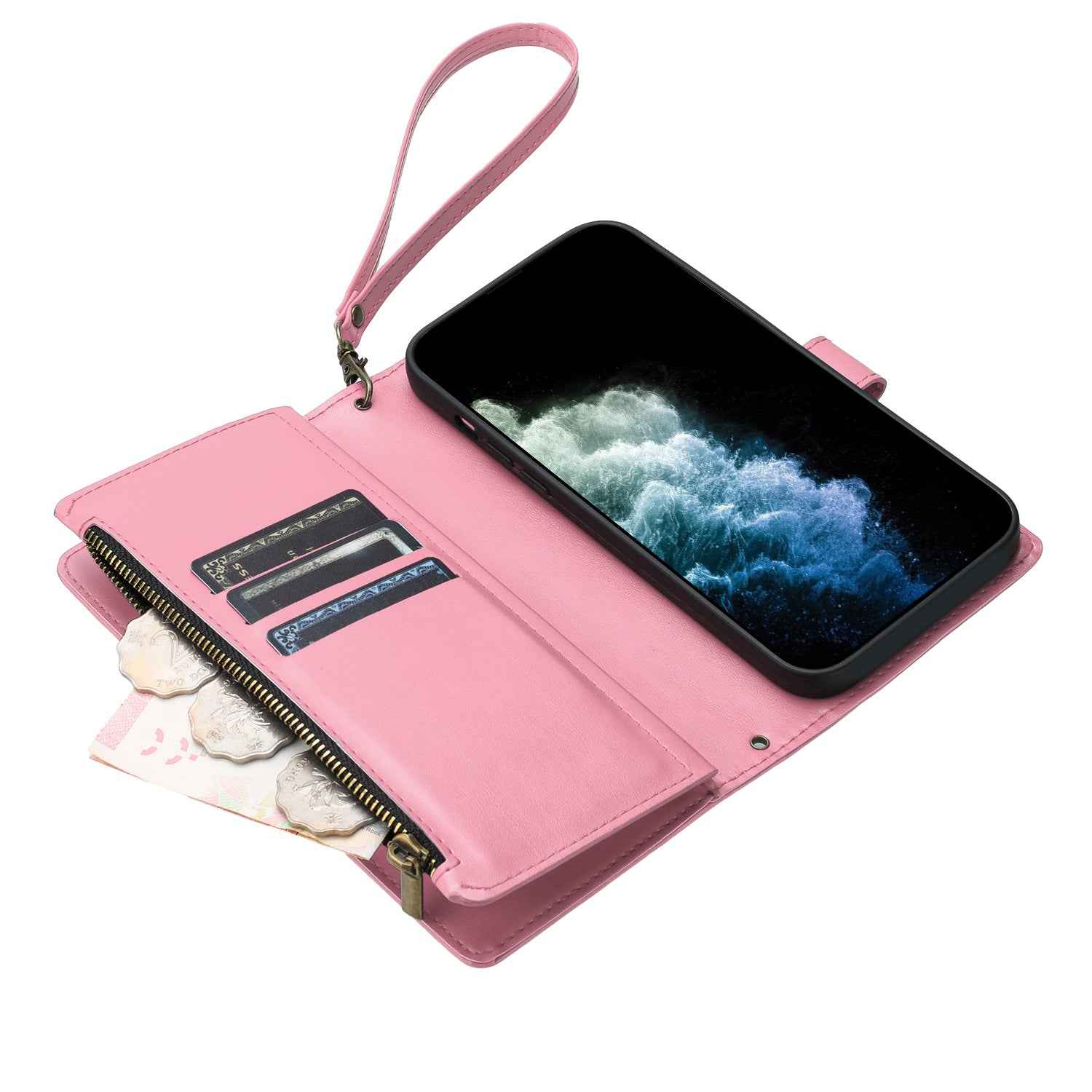 For Xiaomi 17 Ultra 5G Leather Case Zipper Wallet Stand Shockproof Phone Cover with Wrist Strap - Pink
