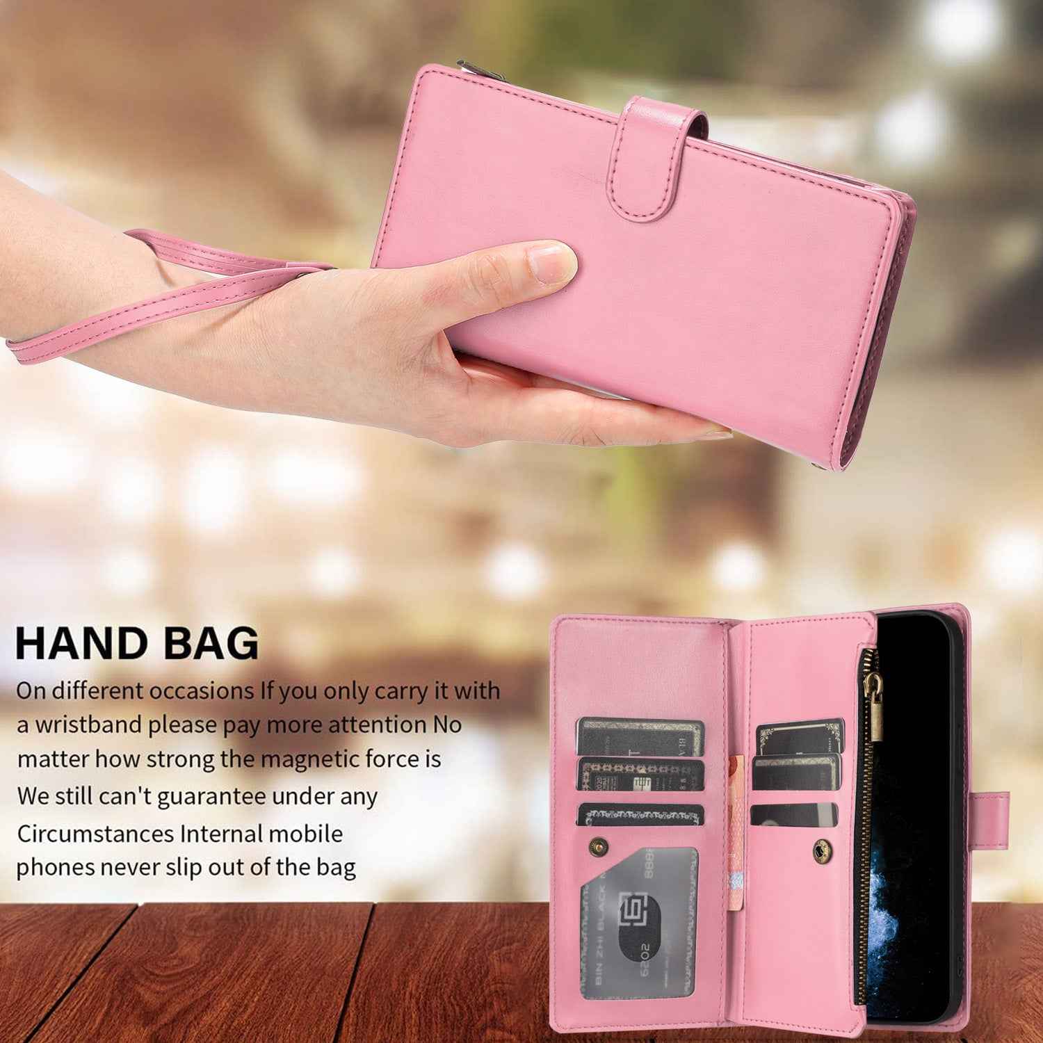 For Xiaomi 17 Ultra 5G Leather Case Zipper Wallet Stand Shockproof Phone Cover with Wrist Strap - Pink