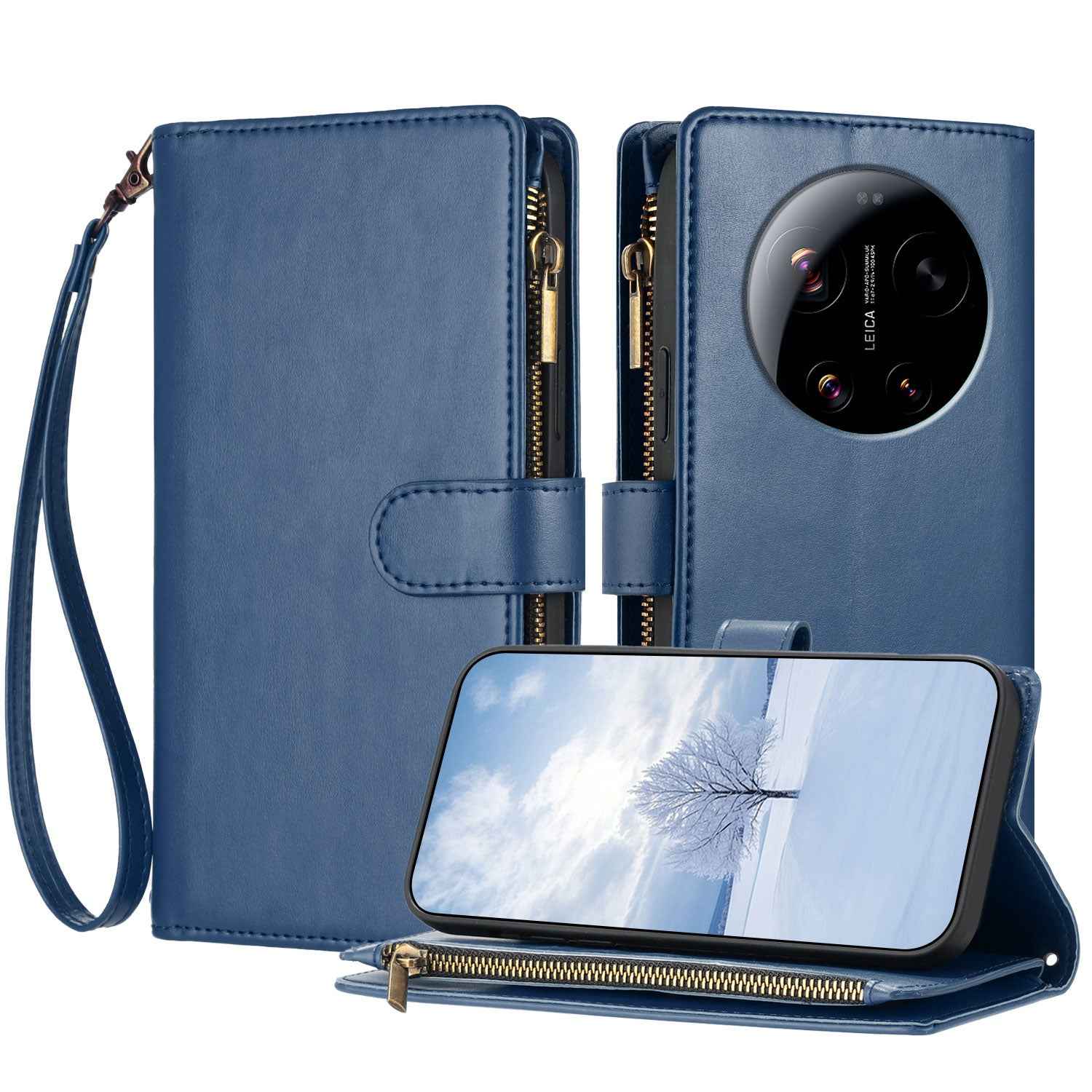 For Xiaomi 17 Ultra 5G Leather Case Zipper Wallet Stand Shockproof Phone Cover with Wrist Strap - Blue