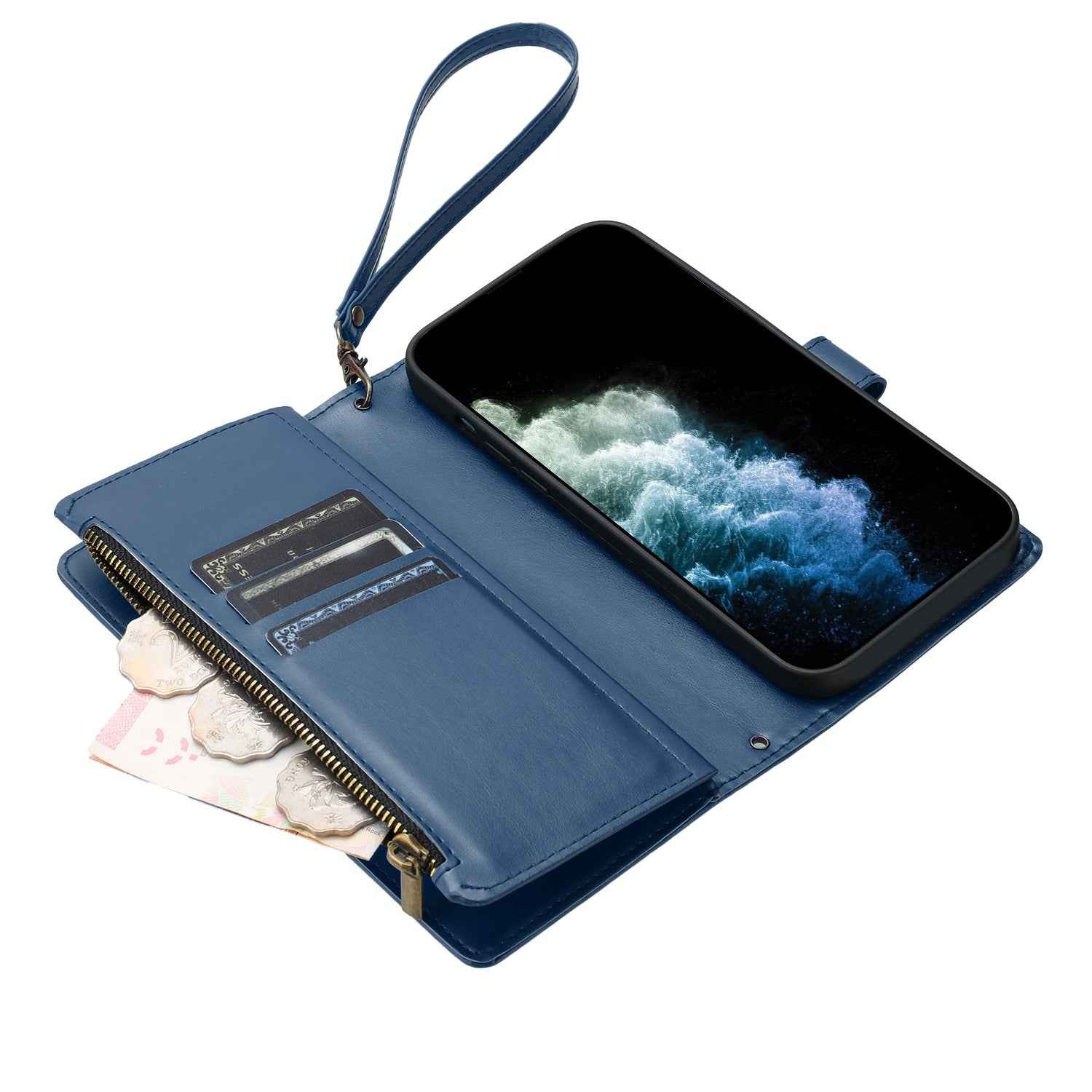 For Xiaomi 17 Ultra 5G Leather Case Zipper Wallet Stand Shockproof Phone Cover with Wrist Strap - Blue