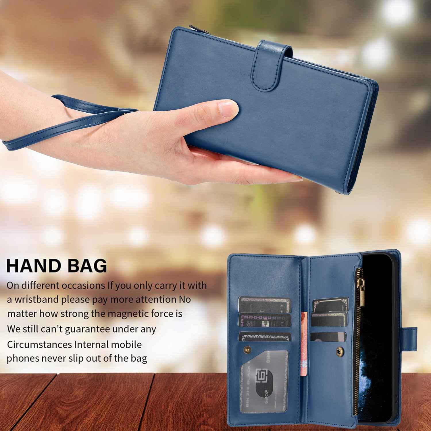 For Xiaomi 17 Ultra 5G Leather Case Zipper Wallet Stand Shockproof Phone Cover with Wrist Strap - Blue